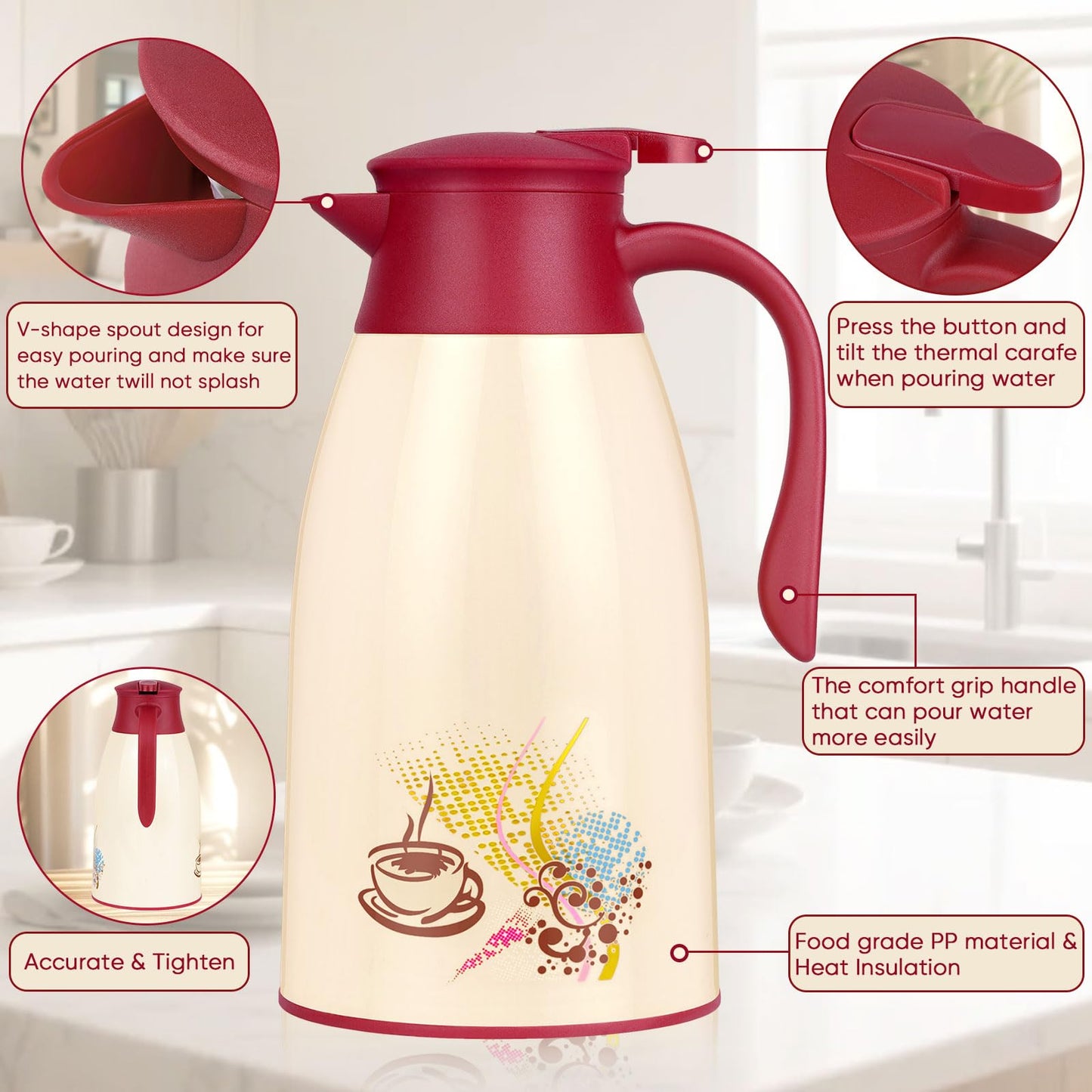 AceChef 40.5 Oz Thermal Coffee Carafe, Vacuum Insulated Glass Lined Coffee Thermal, 1.2Liter Tea Pot with Lid, Heat Retention for Coffee & Tea