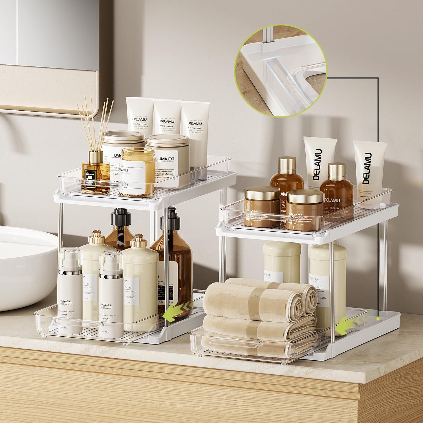 Delamu 2-Tier Bathroom Under Sink Organizers and Storage, Pull Out Cabinet Drawers with Anti-Slip Design, Multi-Purpose Storage for Kitchen, Pantry, Bathroom & Home Organization, White, 4 Pack