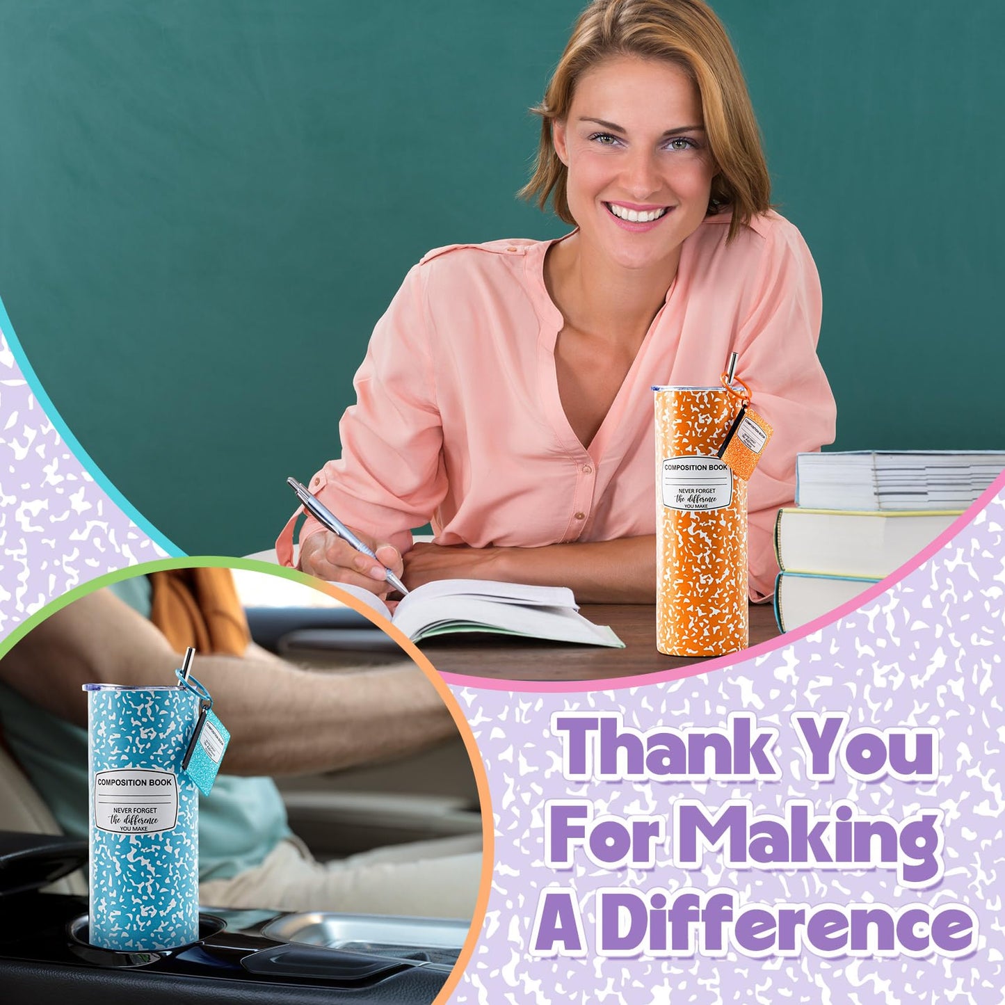 Geiserailie 5 Set Teacher Appreciation Gifts 20 oz Composition Book Tumbler Stainless Steel Cup Composition Keychains Teacher Appreciation Week Gifts Birthday End of Year Graduation (Multicolor)