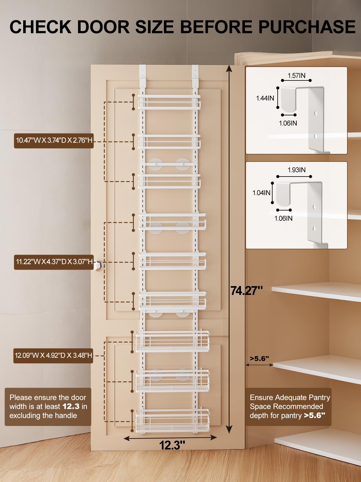 Delamu 9-Tier Over the Door Pantry Organizer, Adjustable Pantry Door Organizers and Storage, Metal Hanging Basket Wall Spice Rack Seasoning Organizer, Door Organizer Kitchen Bedroom Bathroom,12"White
