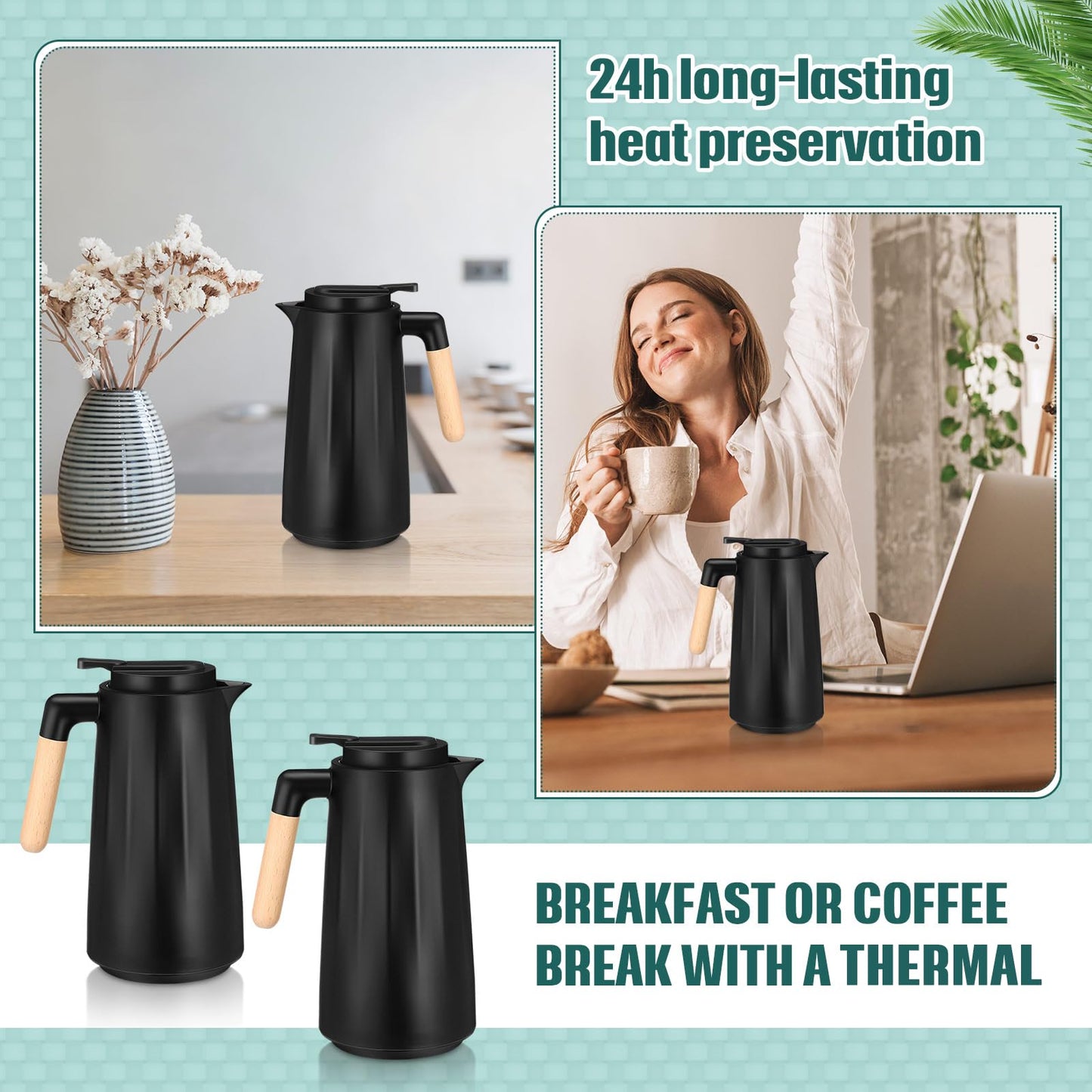 Ziliny 2 Pcs 34 oz Thermal Coffee Carafe for Keeping Hot/Cold Double Wall Vacuum Carafe with Insulated Glass Liner and Wood Handle Coffee Pot Container for Drinks Milk Tea Chocolates(Black)