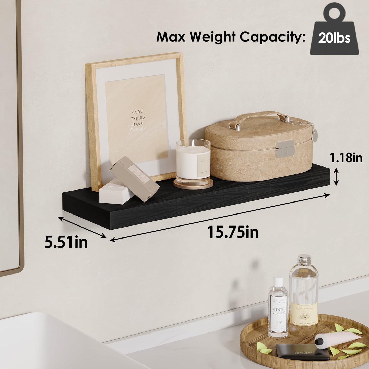 Fixwal Black Floating Shelves for Wall, Rustic Wood Shelves for Bathroom, Living Room, Bedroom and Kitchen, Wall Shelves for Storage, Books, Room Decor (Set of 4, 15.8 Inch)