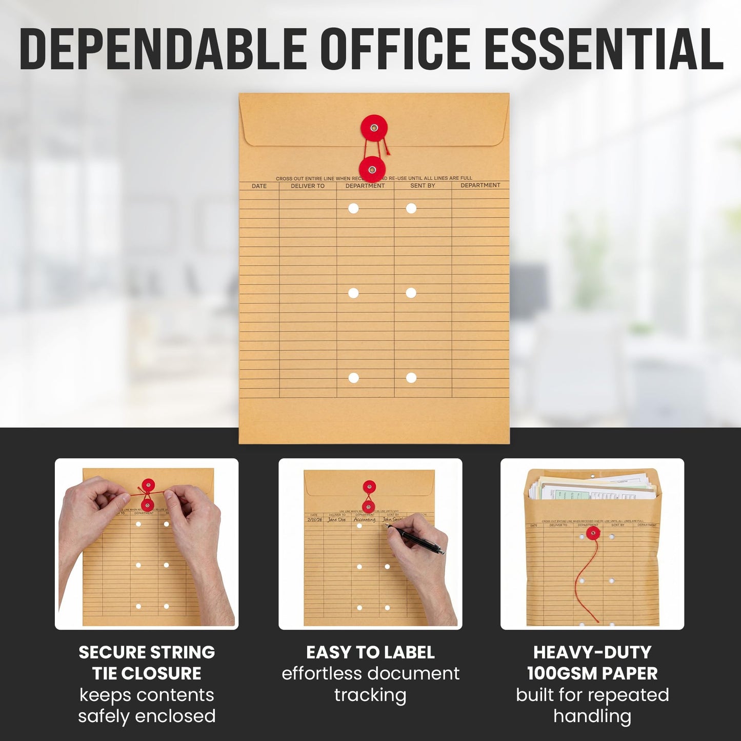 Interoffice Envelopes with String, 10" x 13" String Tie Interdepartmental Envelopes, Sturdy 100gsm Paper (Pack of 100)