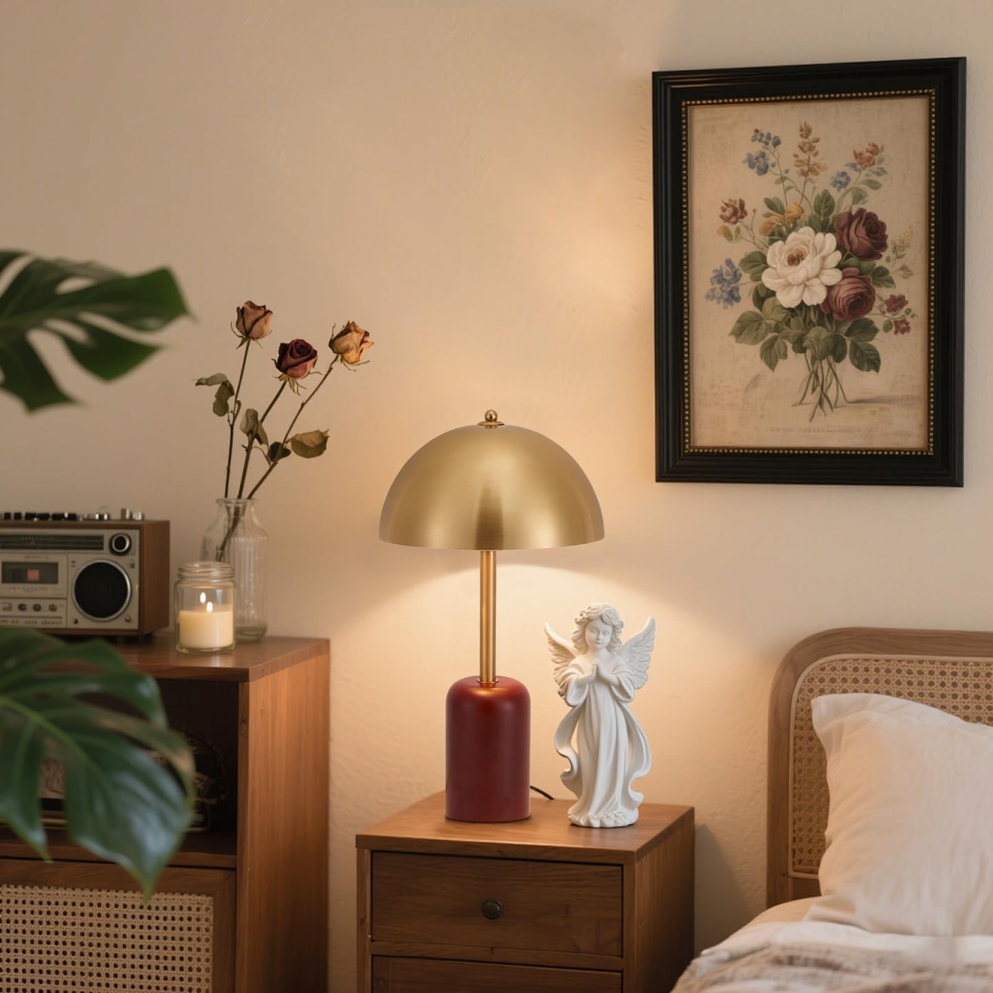 NUSRAN Bedside Table Lamp for Bedroom, Modern Plug in Brass Gold Shade & Cylindrical Wood Base Desk Lamp, Plug & Play Nightstand Lamp with Switch Power Cord for Living Room, Office 【Bulb Included】