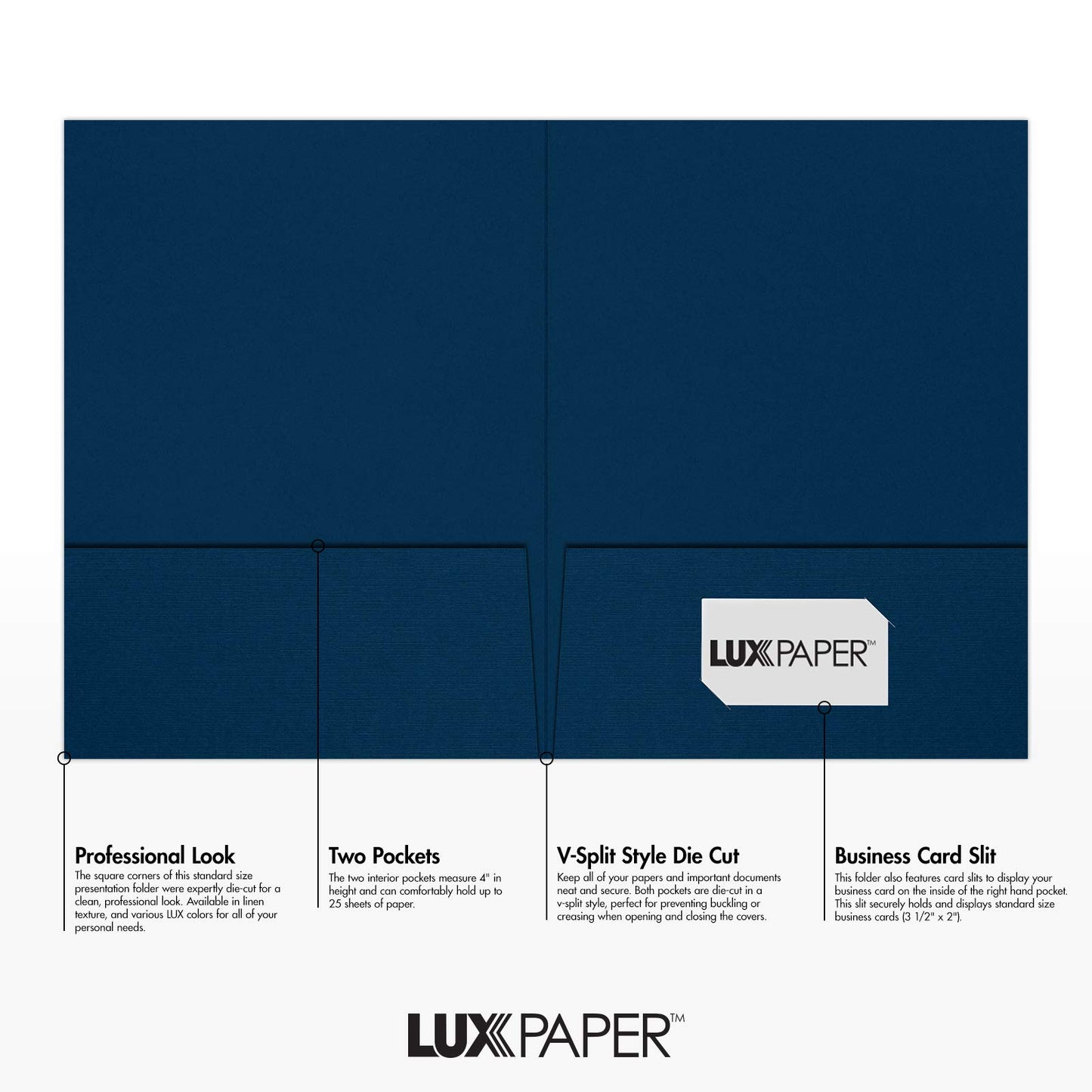 LUXPaper 9" x 12" Presentation Folders | Two Pocket | Nautical Blue Linen | 100lb. Cover | 25 Qty