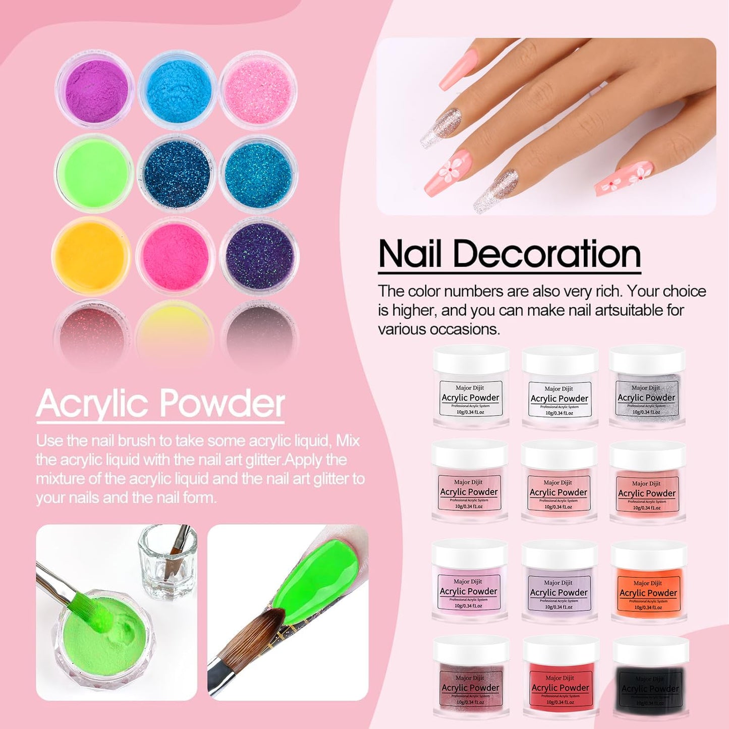 Major Dijit Acrylic Nail Kit with Nail Lamp, 12 Colors Acrylic Powder Acrylic Liquid Top Coat Base Coat Nail Primer and Electric Nail Drill for Gel Nail Kit, DIY Nail Art Tool Complete Starter Kit