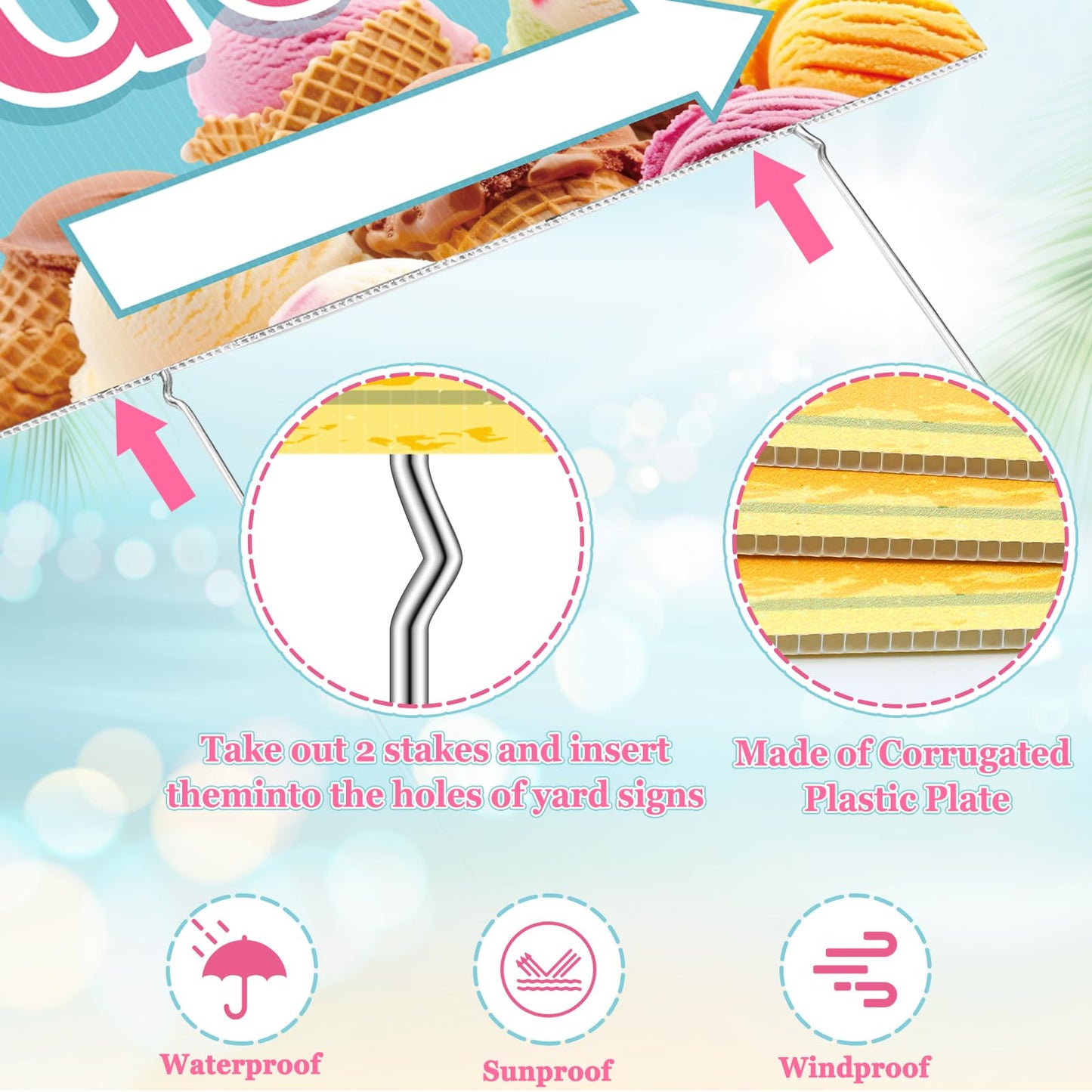 Hahafelt 3 Pcs Ice Cream Shop Sign 1 Pcs 7 ft Ice Cream Flag with Pole Kit Yard Sign with Metal Stakes Feather Windless Swooper Shop Flags for Outdoor Business Advertising
