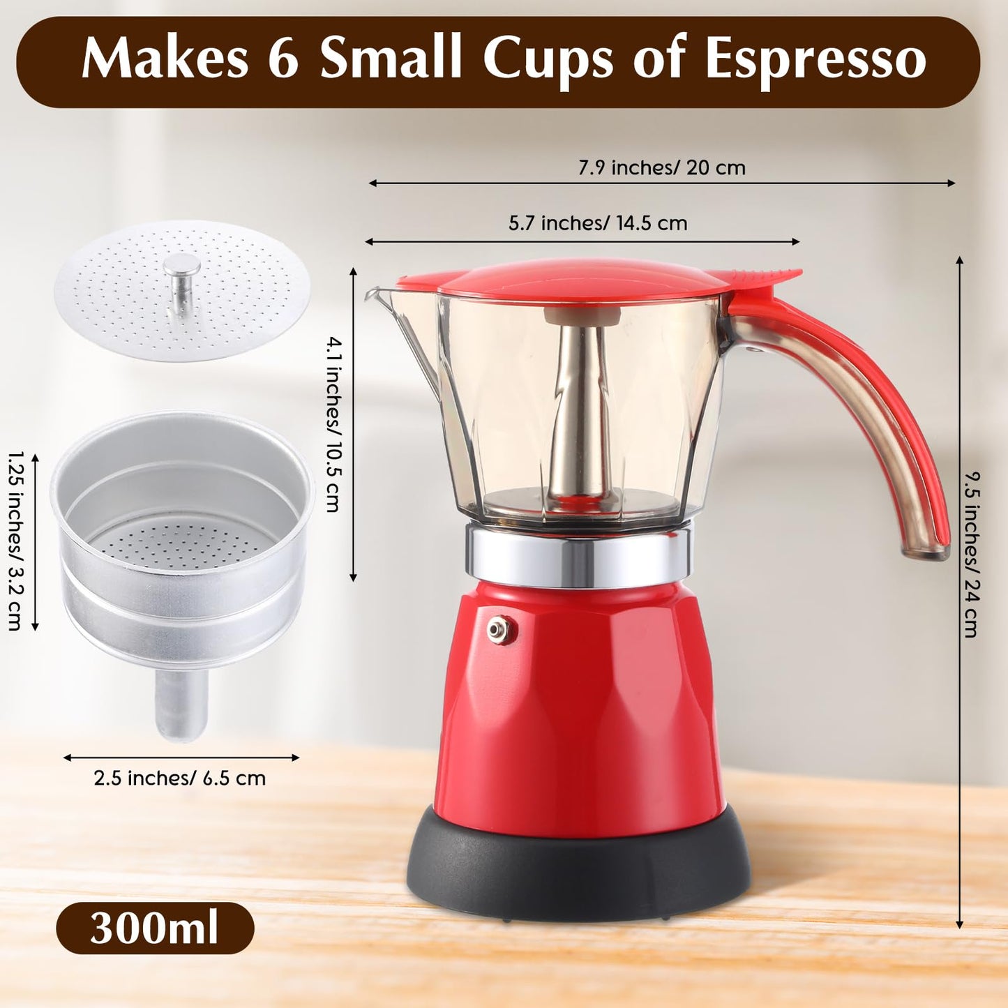 Lemosae Electric Espresso Maker Transparent Coffee Maker Electric Moka Pot Portable Aluminum Espresso Machine Italian Moka Pot with Detachable Base, Coffee Gift for Women Men Home Travel(Red,6 Cup)