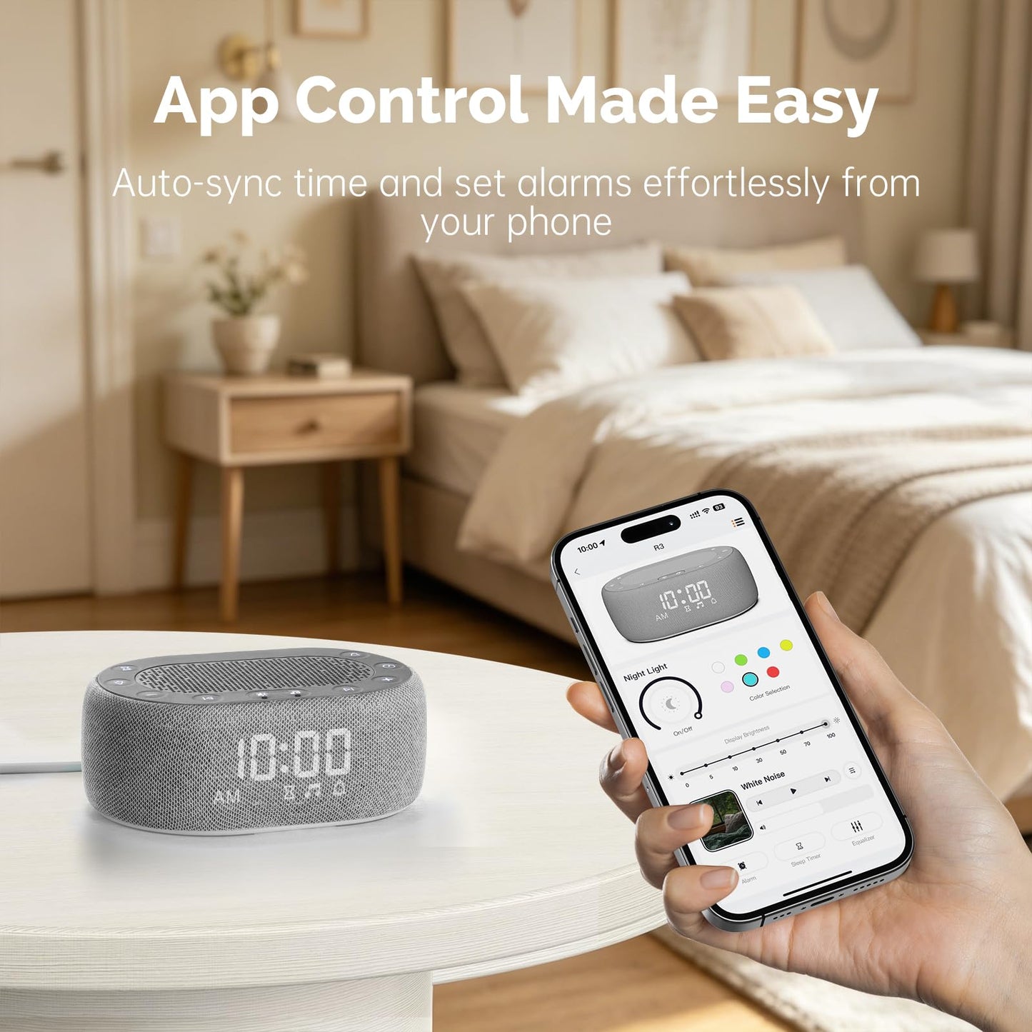 1Mii White Noise Machine with Alarm Clock, Sound Machine for Sleep for Adult Baby, Smart App Controlled，30 Soothing Sounds, Sleeping Timer, Dimmable 7-Color Night Light, 30 Volume Levels - Grey