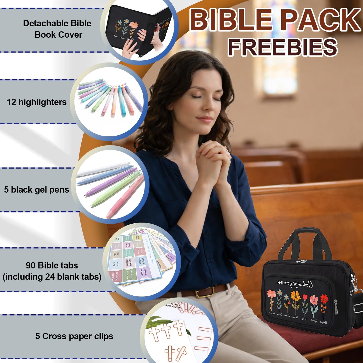 WOHAXAHOW Large Bible Bags for Women Organizer with Bible Cover Case, Bible Cover Study Supplies Bible Journaling Kit Book Carrying Case with Bible Highlighters Tabs, Christian Gift for Women Mom