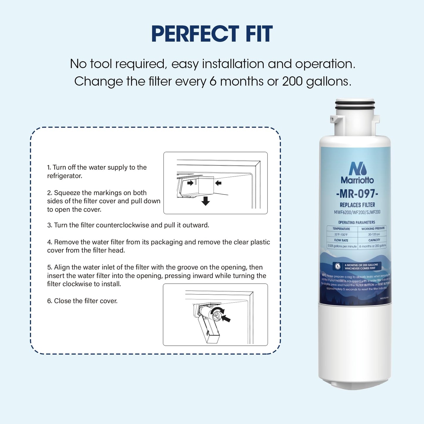 MARRIOTTO MIWF6200 Water Filter Replacement for Midea MIWF6200, MRS26D5AST, MRS26D7AST, MRQ22D7AST, MF-2008-R2, NS-WF26SS0-1, Zline MIWFT2100, RFM-W-36, WF200, SJWF200, SJG2254FS, NSF42, (2 Pack)