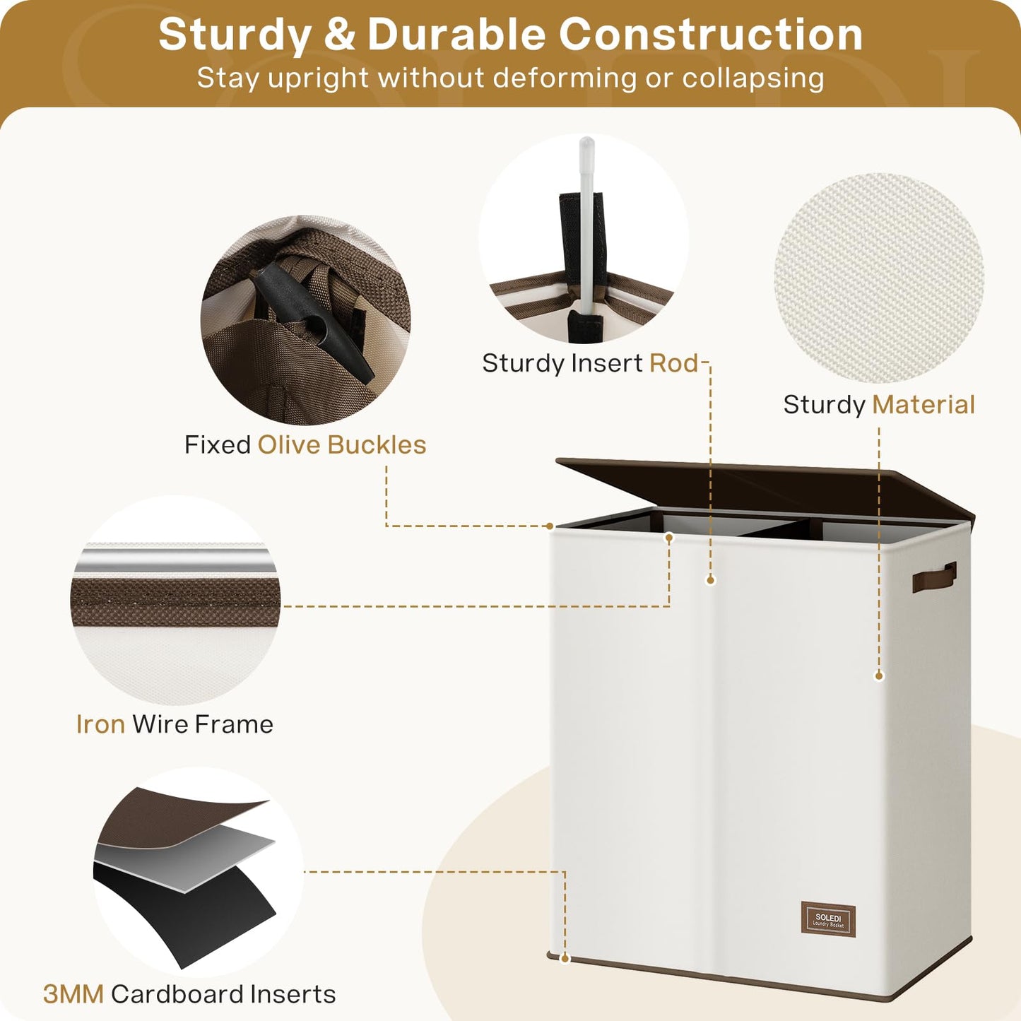 SOLEDI Luxury Double Laundry Hamper with Lid and Removable Bags, Large Hamper for Laundry, Laundry Basket 2 Sections, Collapsible Ditry Clothes Hamper for Bedroom, Laundry Room, Bathroom, Off-white