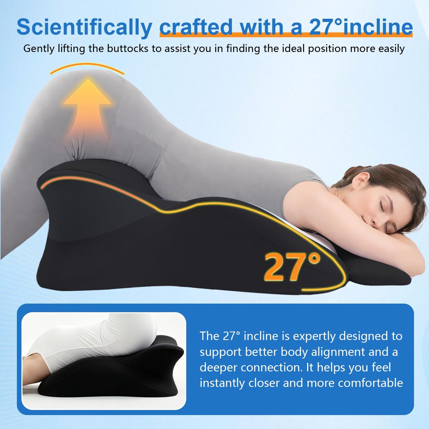 KUYOVORA Memory Foam Wedge Pillow, Ergonomic Contoured Intimacy Couples Pillow, 27° Angled Neck Support Pillow Back Support Cushion, Multi-Functional Bed Position Pillow with Removable Cover Black