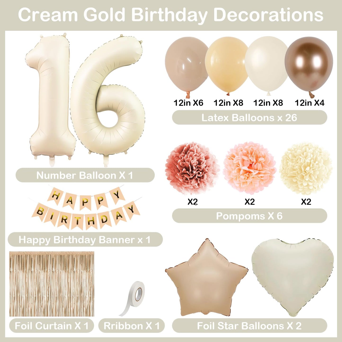 Beige 16th Birthday Decorations Girls Boys Cream Number 16 Balloon Nude Gold Happy Birthday Banner Fringe Curtain Paper Pom Poms Blush White Sand Champagne Star Foil Balloons Neutral Boho Party Decor