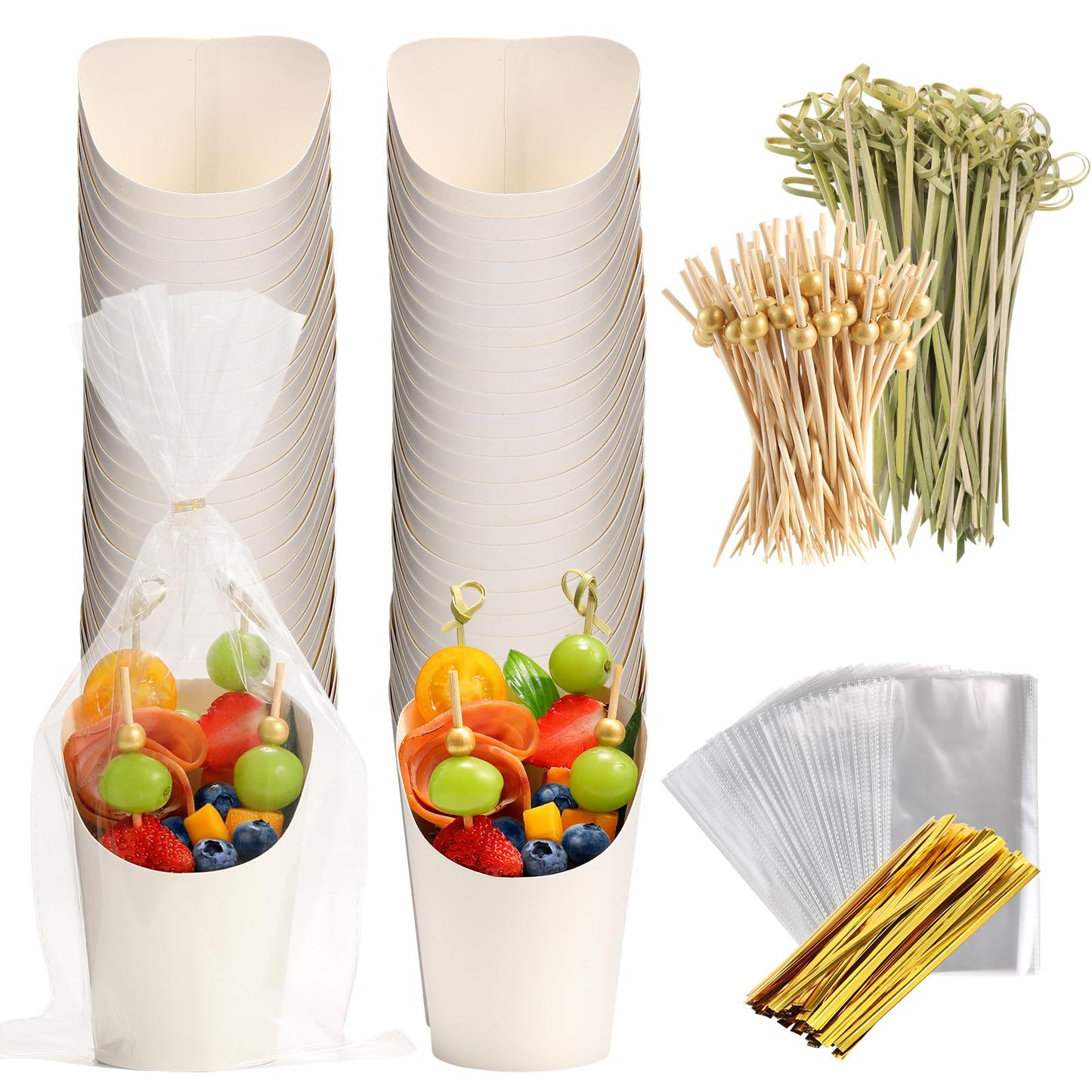 WixiTool Disposable Charcuterie Cups 120 PCS with 200PCS Sticks and 120PCS Bags, 14 oz Kraft Paper Snack Boxes Appetizers Cup French Fry Holder with Cocktail Skewers Toothpicks Tooth Picks, White