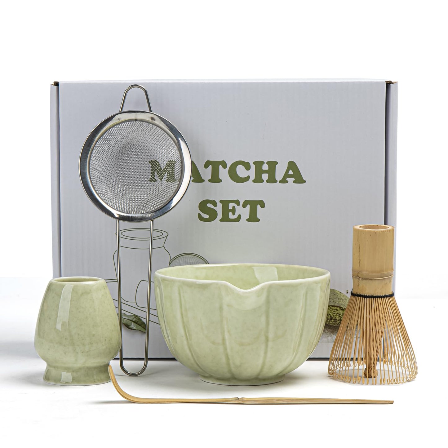 SFTXEY Matcha Whisk Set, Matcha Set Includes Ceramic Matcha Bowl, Bamboo Whisk, Scoop, Chasen Holder, Sifter, 5 Pcs Perfect Matcha Kit for Matcha Lover (Mottled Green)
