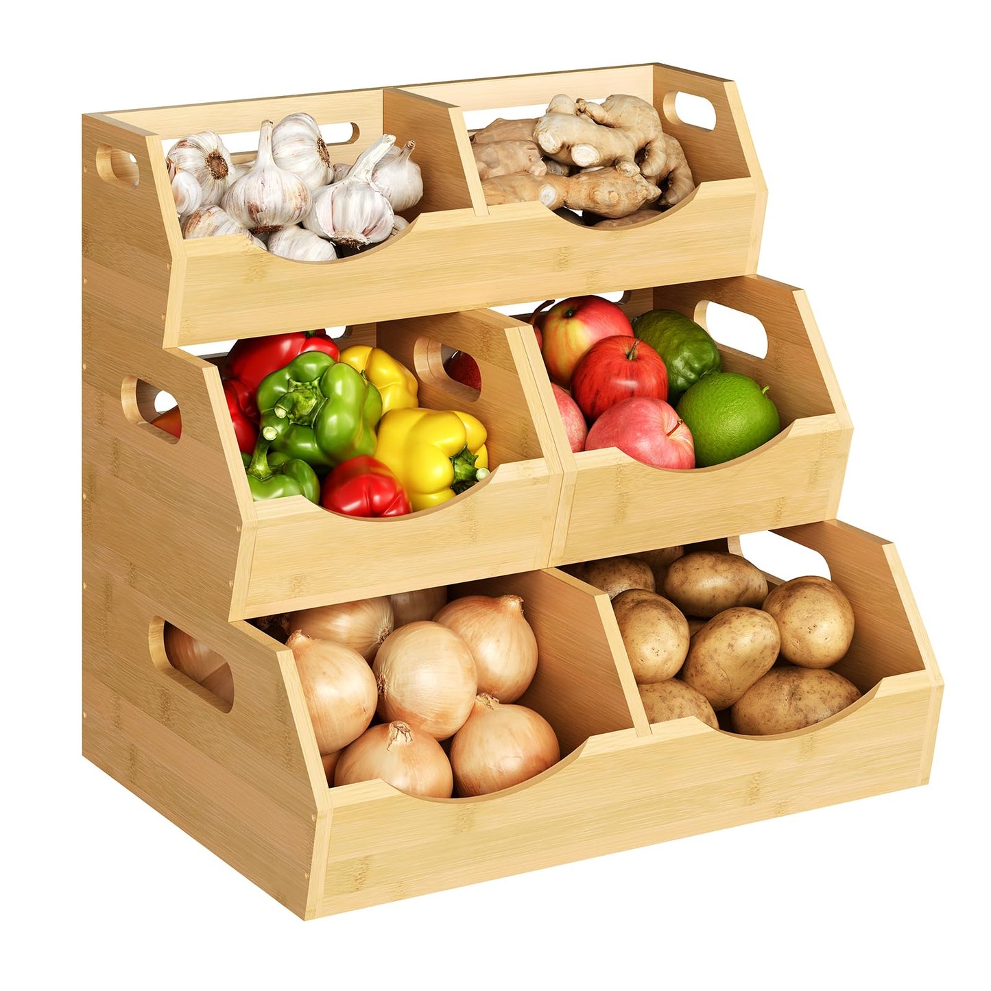 Onion Storage Bins Potato, 3 Tier Bamboo Pantry Storage Bin Stackable Ventilated Kitchen Organizer for Pantry, Countertop, Bathroom, Space-Saving, Easy Access Handle Natural Brown(Assembly Required)