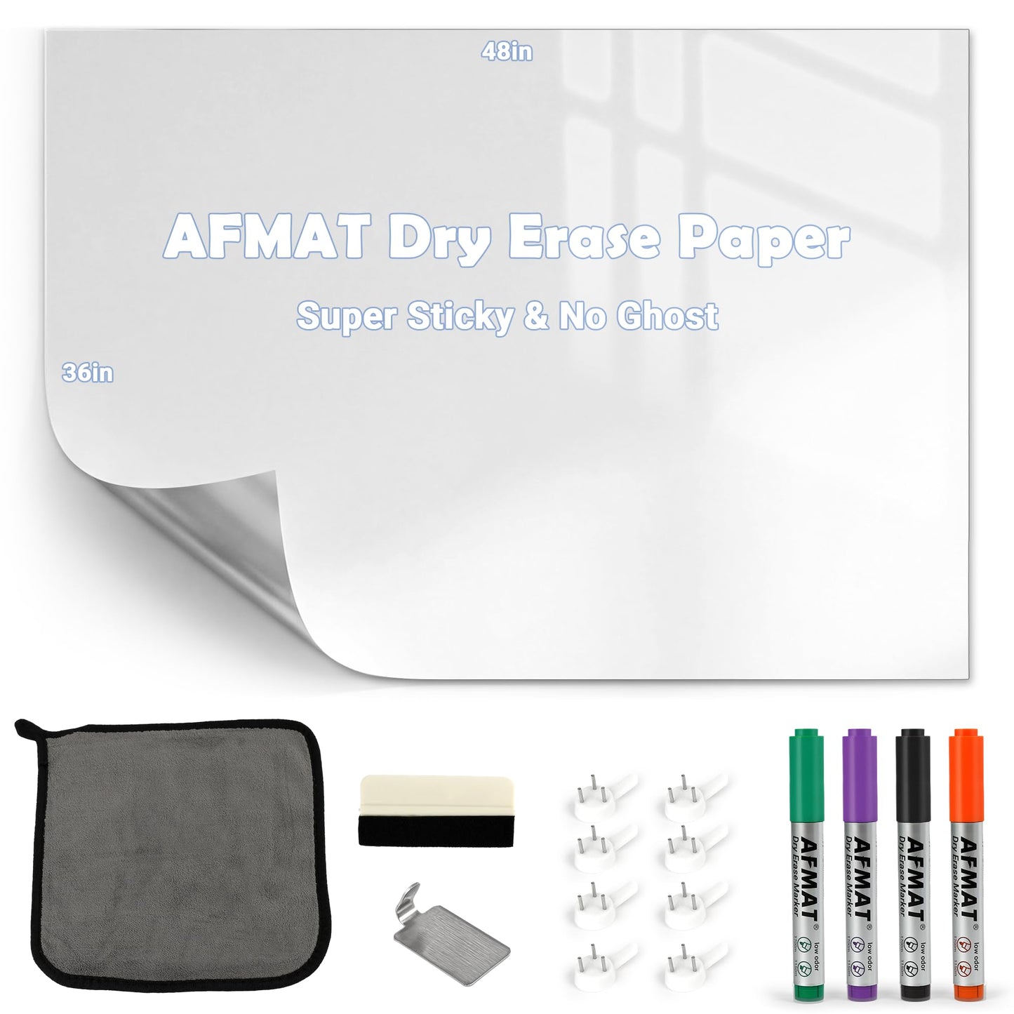 AFMAT White Board Dry Erase Paper, 48" x 36" Whiteboard Wallpaper, with 4 Markers, Stain-Proof & Super Sticky, No Ghost, 4' x 3' Peel and Stick Dry Erase Board Paper Roll for Wall/Home/Office