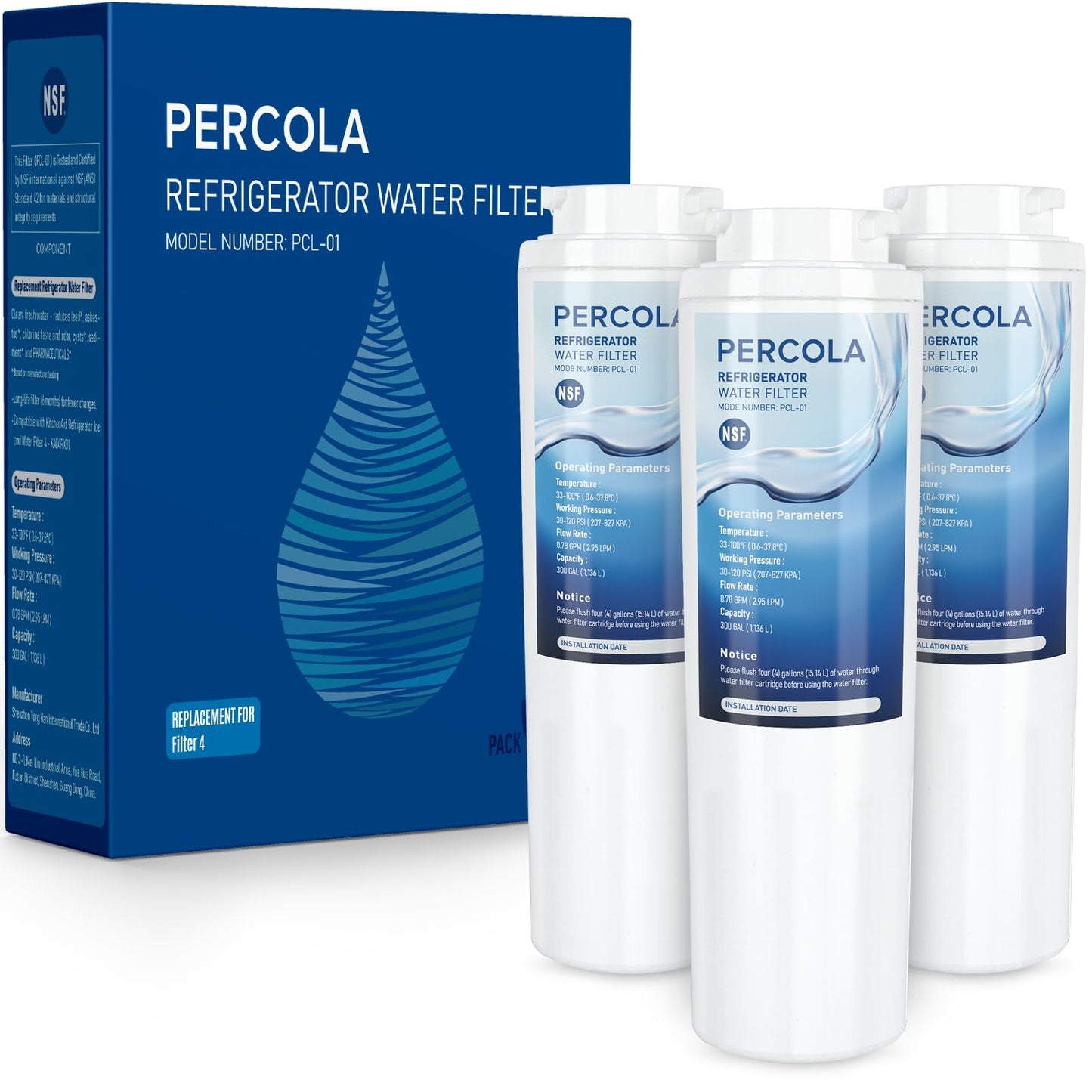 PERCOLA KAD4RXD1 Water Filter Replacement, Compatible with KitchenAid KAD4RXD1, KitchenAid KRFC300ESS, KBFS20EVWH, KBFS25EWMS, KFCO22EVBL, KFCP22EXMP, KFCS22EVMS, KFIS20XVMS, KFXS25RYMS (3 Pack)