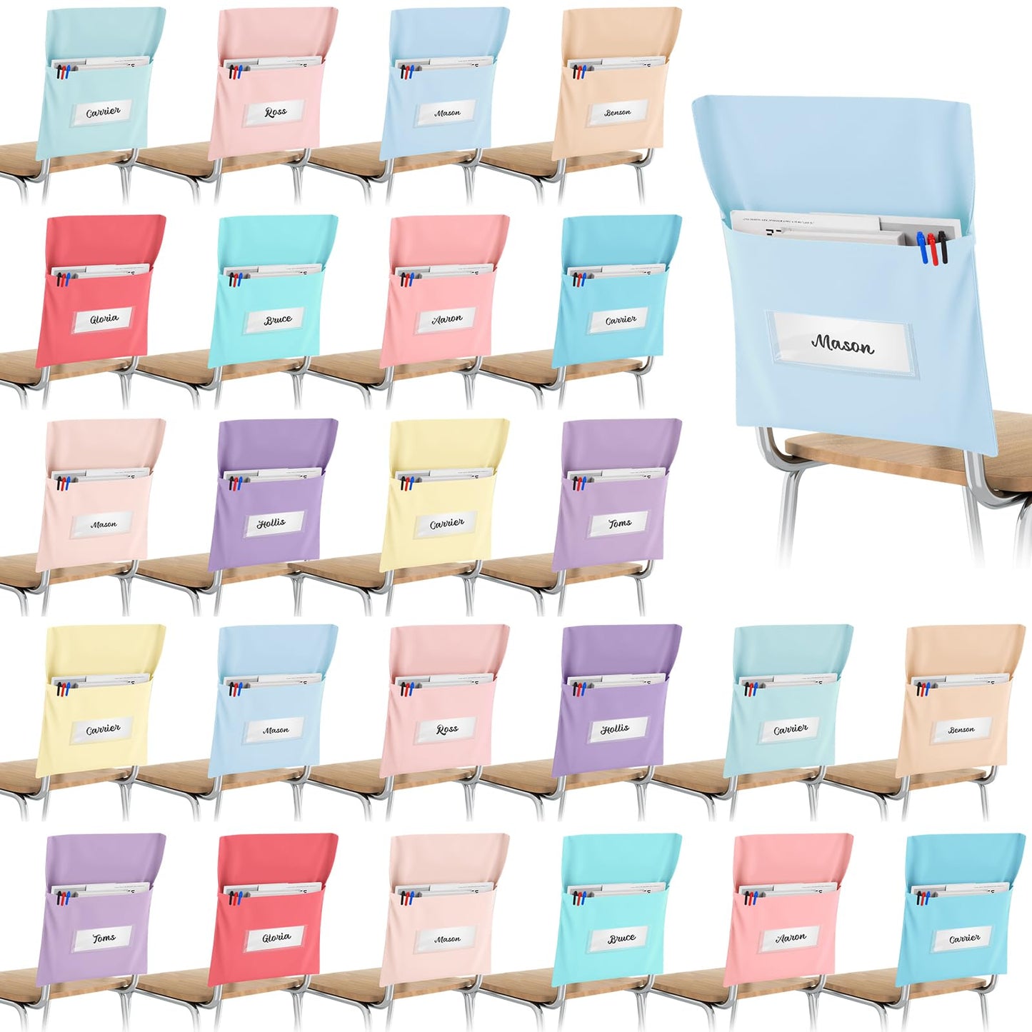 Yeyeplum 24 Pcs Chair Pockets for Classroom Chairback Pocket Chart 14 x 18 Inch Desk Organizer Pocket Chair Bag for Seat Kindergarten School Classroom (Pastel,Classic)