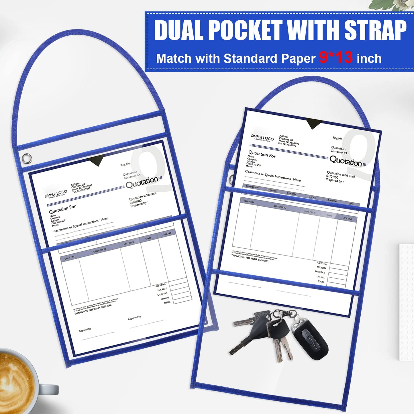 Epakh 30 Pack Shop Ticket Holders 9 x 12 Inch Work Order Plastic Sleeves Job Ticket Holders Dry Erase Repair Order Sleeves with Hanging Strap, Both Sides Clear(Blue)