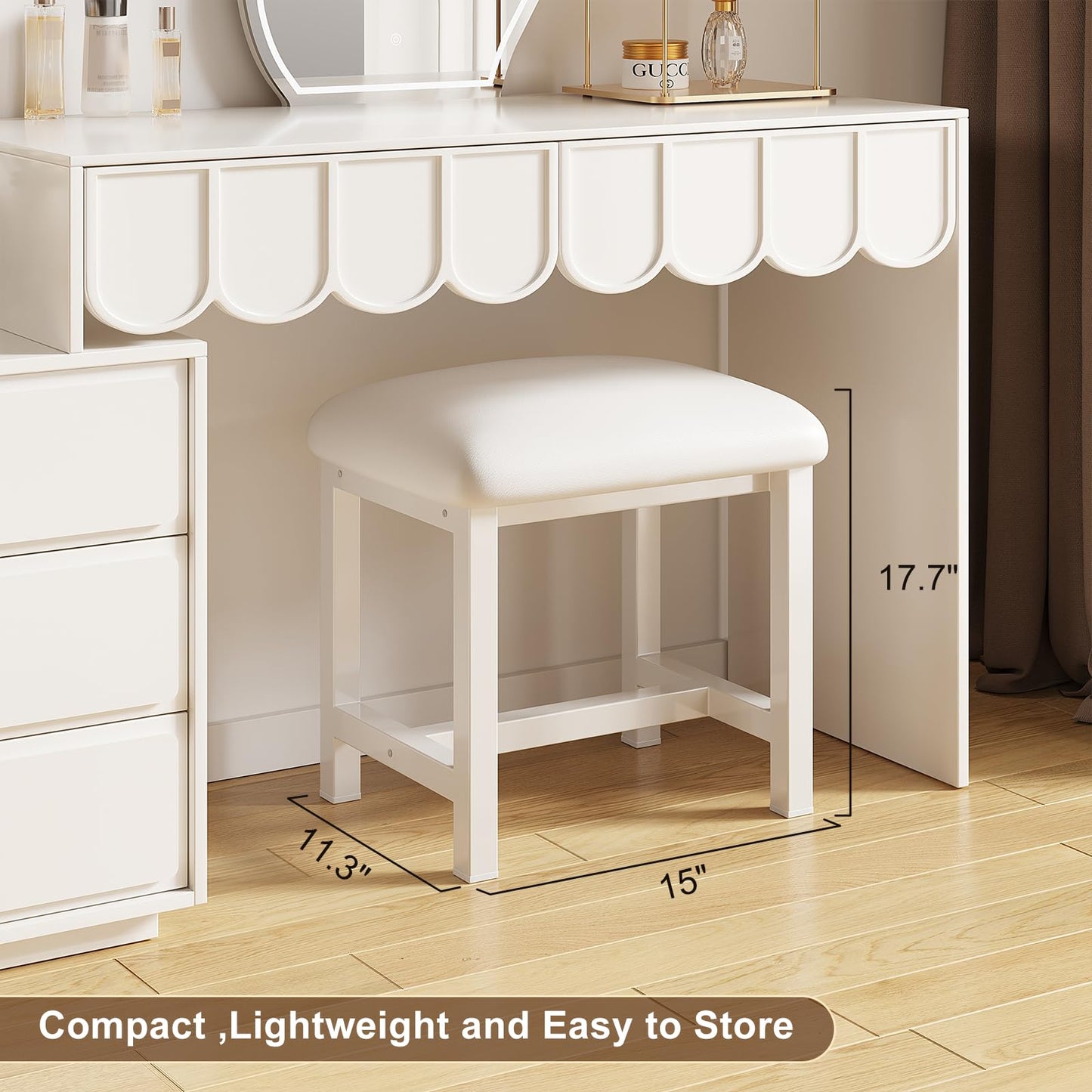 WBKATN White Vanity Stool, Small Vanity Chair, Cute Makeup Bench Seat with Leather Cushioned, Desk Stools for Bedroom, Bathroom, Entryway, Living Room, Office