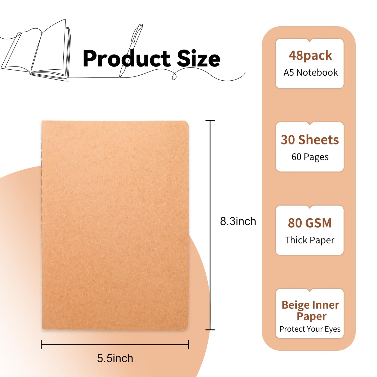 48 Pack Blank Kraft Notebooks, 8.3x5.5 Inches A5 Small Journals Bulk Blank Notebooks 80 Gsm Unlined with 60 Pages A5 Subject Notebooks Traveler Journal Set for Adult Students Back to School Supplies