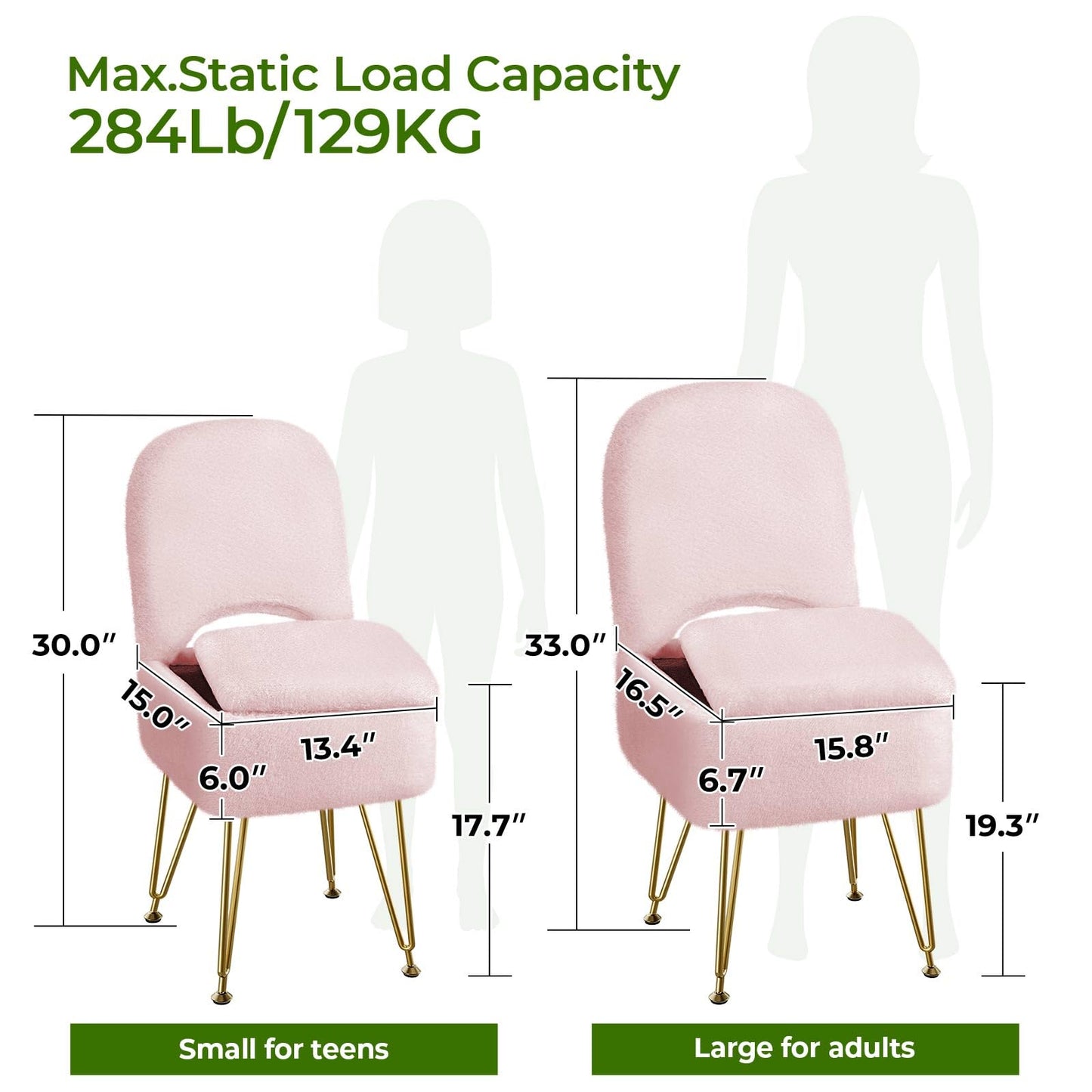 GREENSTELL Vanity Stool Chair with Storage and Folding Back, 13.4" x 15" x 30" Square Faux Fur Soft Ottoman, 4 Metal Legs with Anti-Slip Feet, Furry Padded Seat for Makeup, Bedroom, Pink