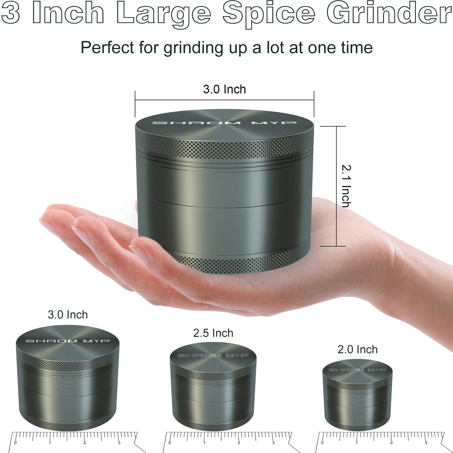 SKROM MYP Grinder, Aluminum Large 3" Spice Grinder (Grey)
