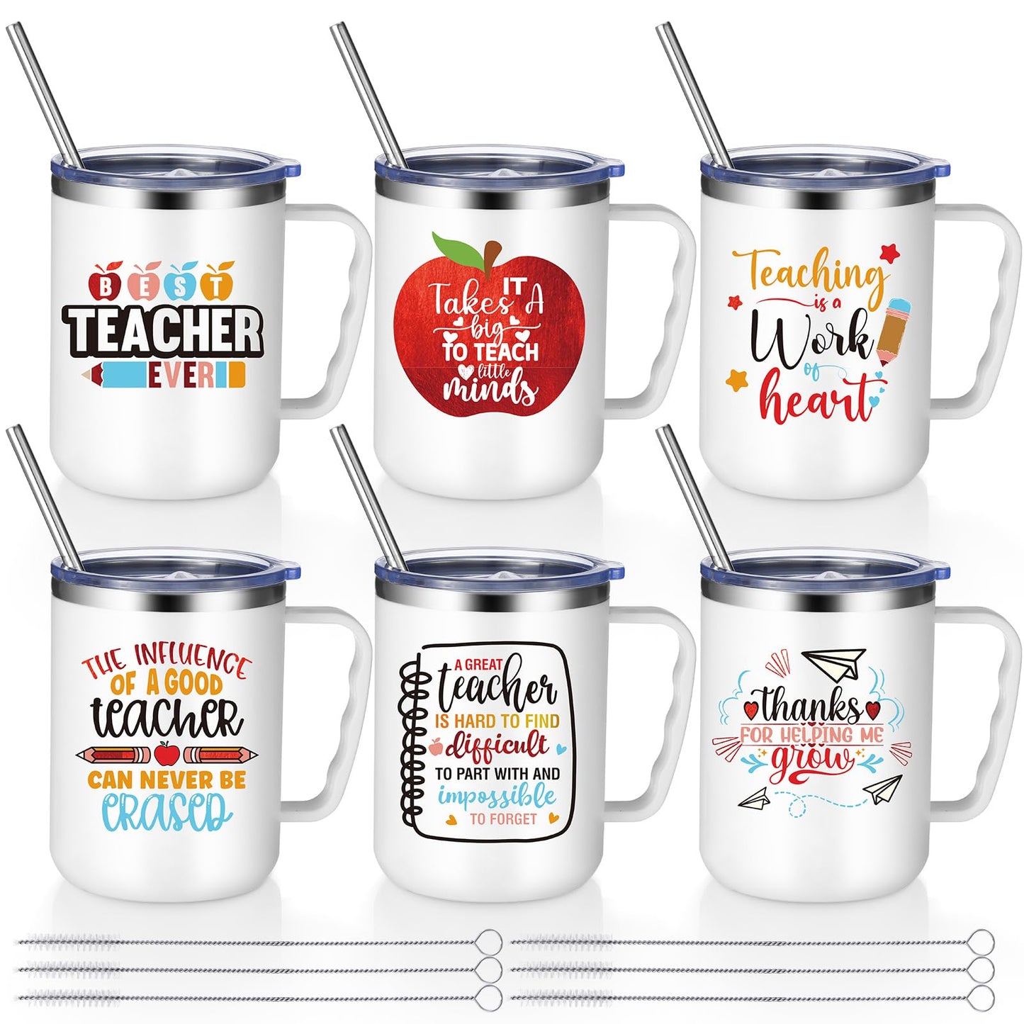 Maxcheck 6 Pcs Teacher Appreciation Gifts Mugs Bulk 16oz Thank You Teacher Stainless Steel Tumblers Inspirational Insulated Coffee Cups with Handle Lids Straw for Women Birthday Christmas