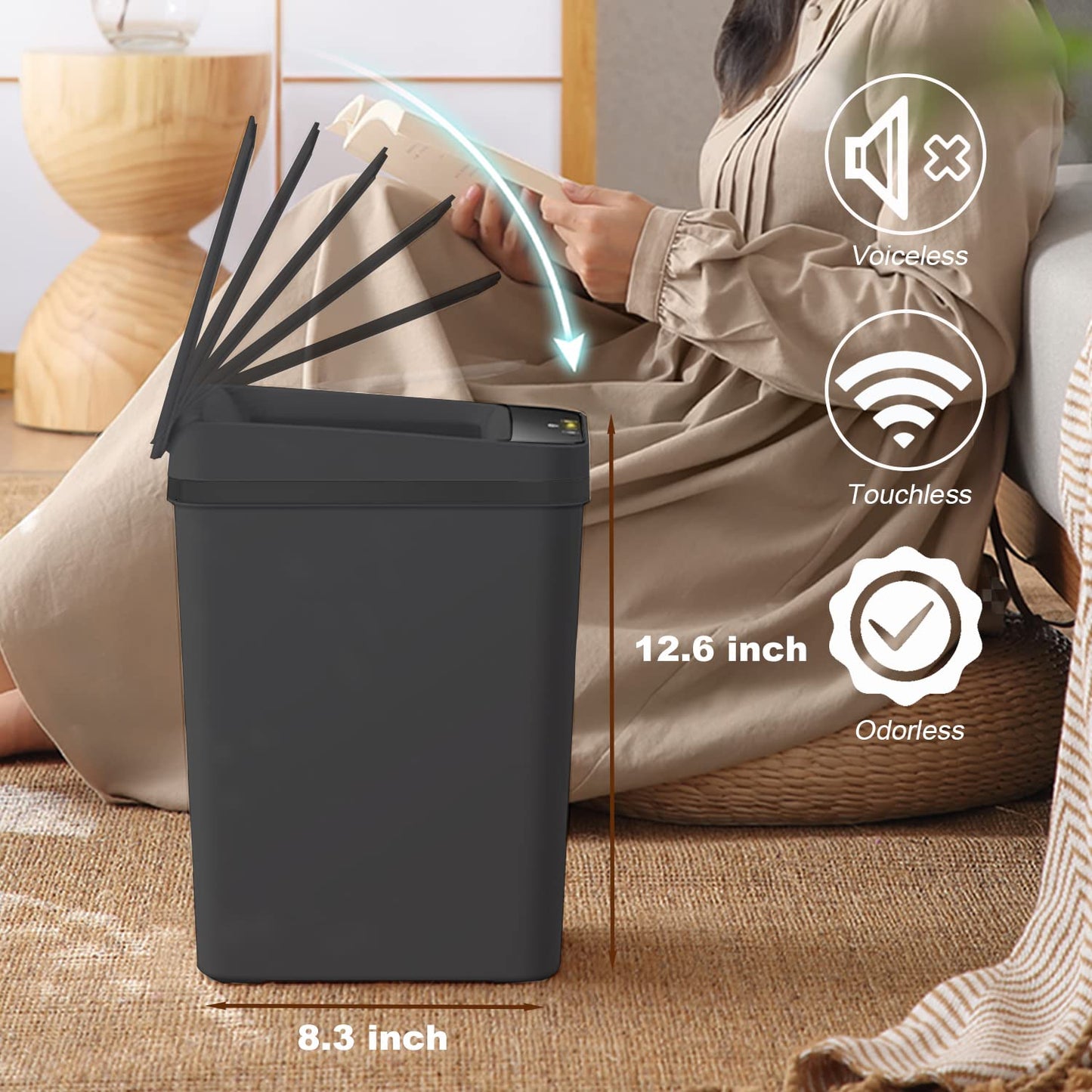 3 PACK - Bathroom Trash Can with Lid - 2.5 Gallon Automatic Trash Cans Touchless - Bedroom, Office - Small Smart Garbage Can - Electric, Narrow - Motion Sensor Trash can Bathroom ( Matte Black )
