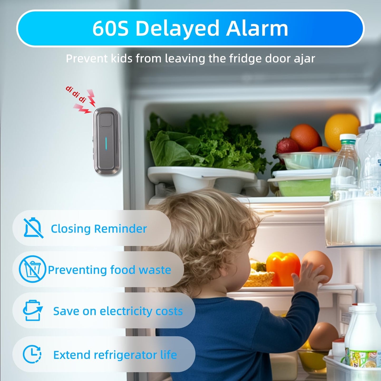 Daytech Refrigerator & Freezer Door Alarm - 1-4 Minute Adjustable Delay, 0-120dB Alarm, 3-Pack for Home, Supermarket & Business (Grey)