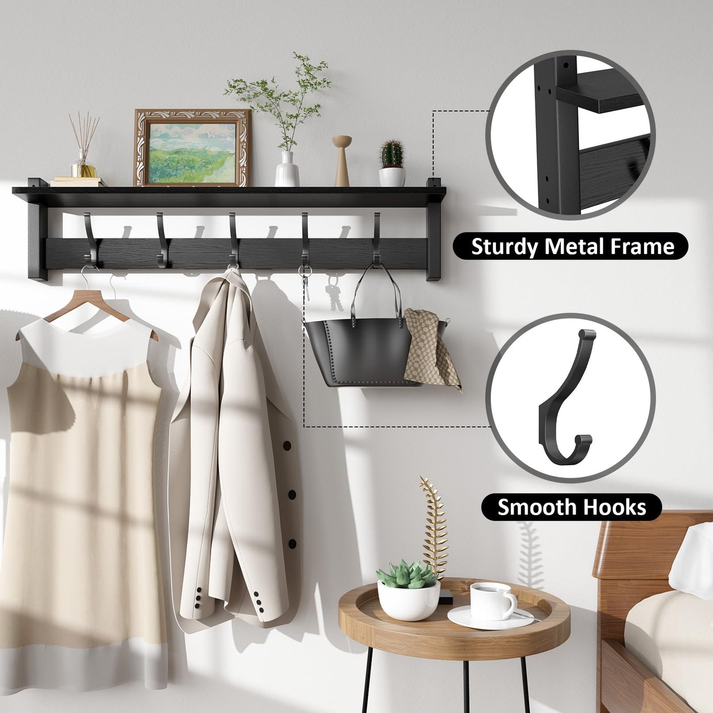 Optish Coat Rack Wall Mount with Shelf, 29 Inch Coat Hanger Walls Mounted, Hat Rack for Walls, Shelf with 5 Coat Hooks, Wall Hanger for Entryway (Black)