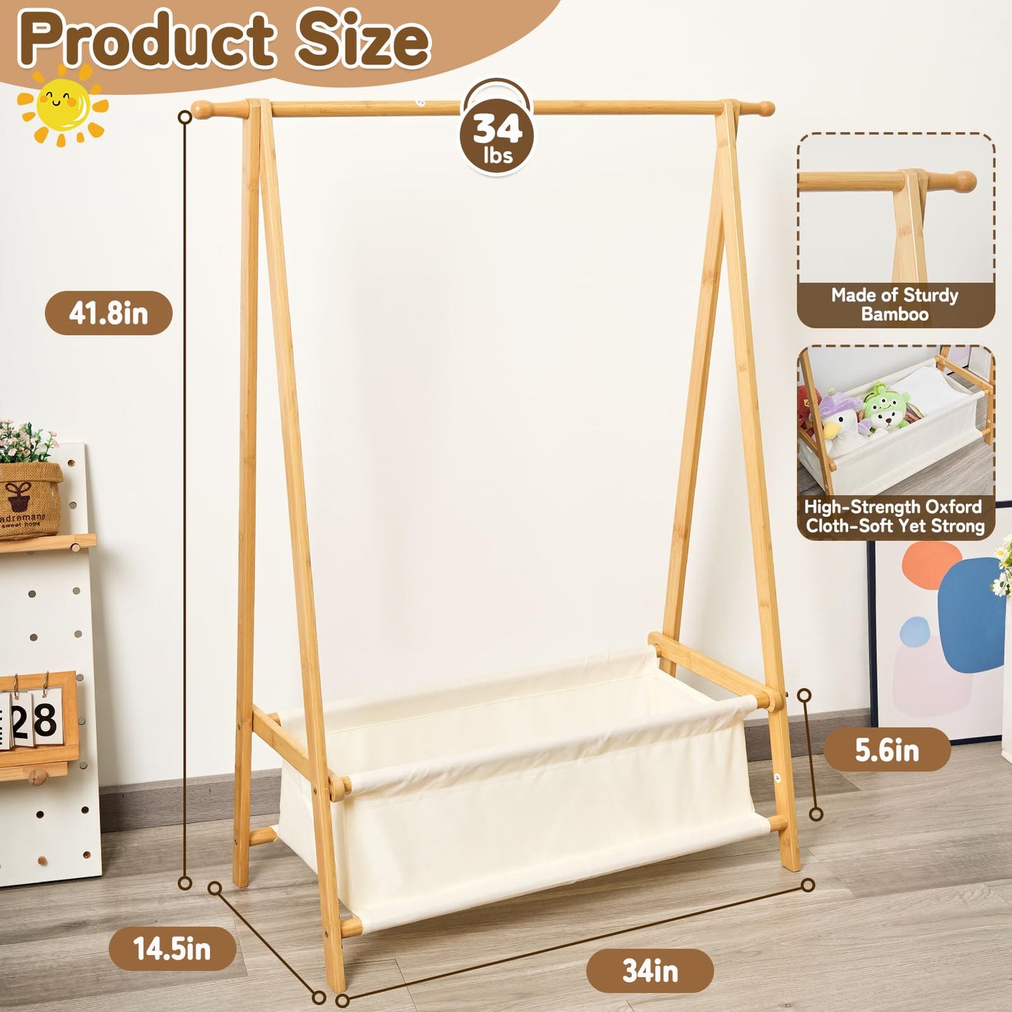 Bamnestor Bamboo Kids Clothing Rack with Storage Box - Foldable,Kids Dress Up Rack with Hooks & Rod, Organize Dress Up Storage & School Uniforms, Perfect for 4-13 Year Olds