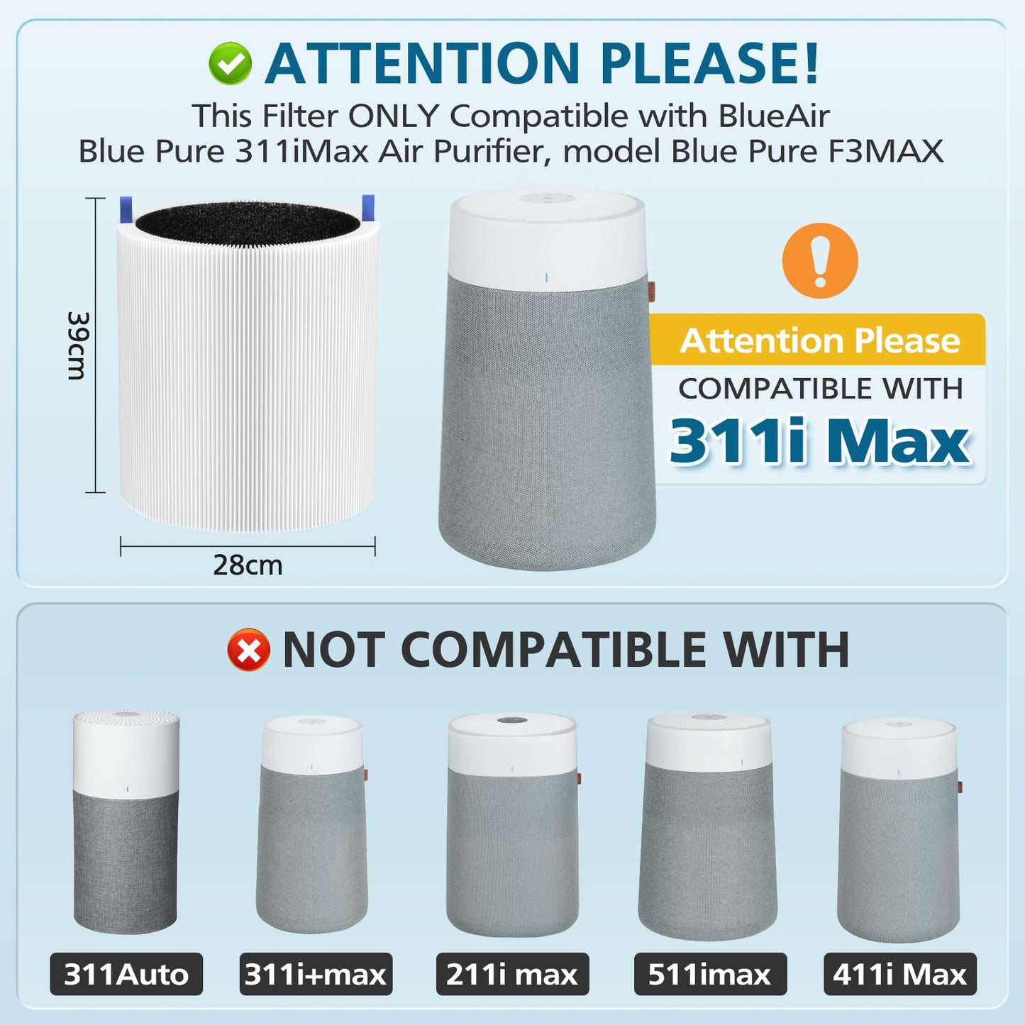2 Pack 311i Max Replacement Filter, Compatible with Blue Pure 311i Max Air Purifier,Ture HEPA Filter Compare to Blue Pure F3-MAX