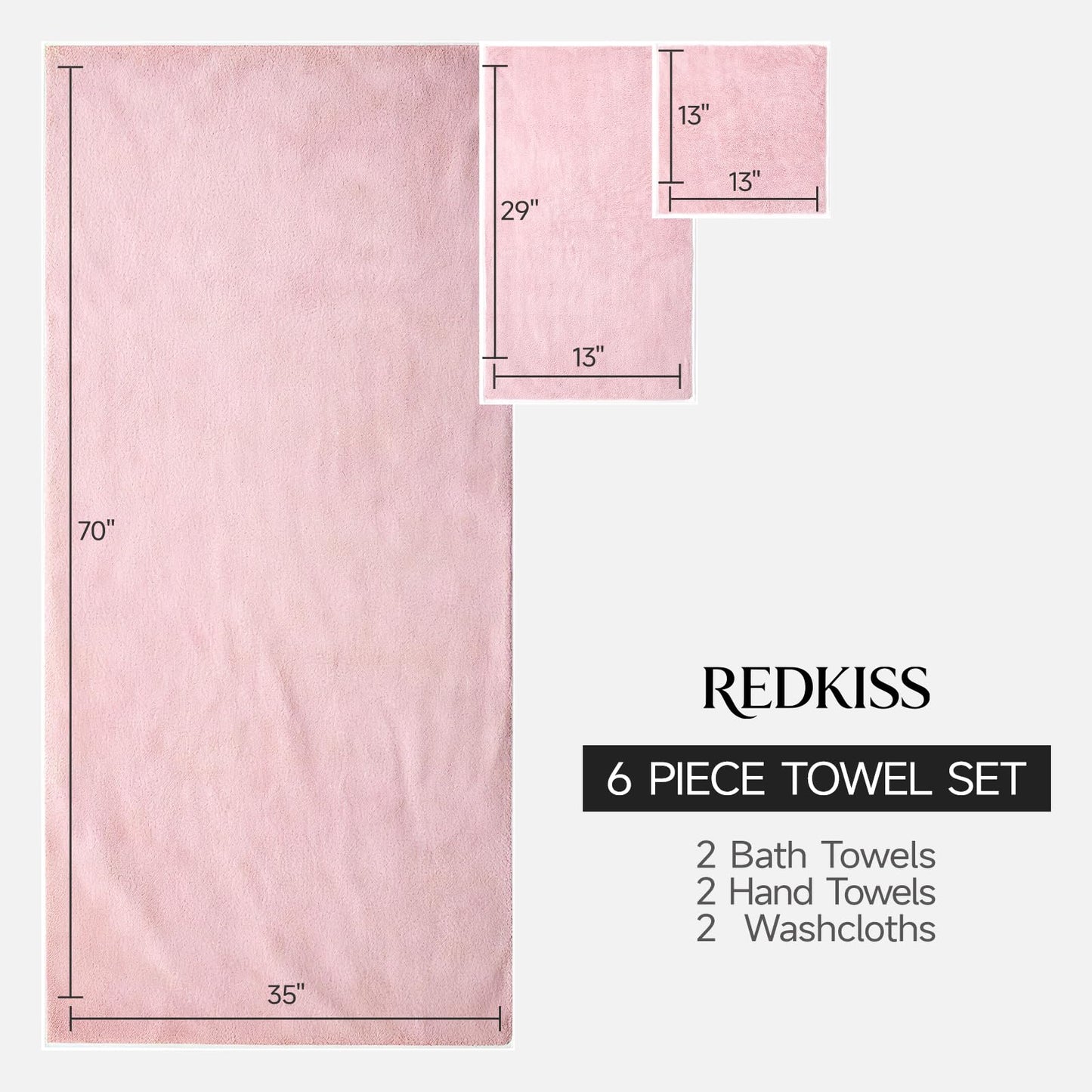 REDKISS 6 Piece Towel Set - Oversized Bath Sheets (70 x35 in), 670GSM Ultra Soft & Highly Absorbent, Quick Dry Pink Bath Towel Sets for Bathroom, Spa, Hotel, Gym