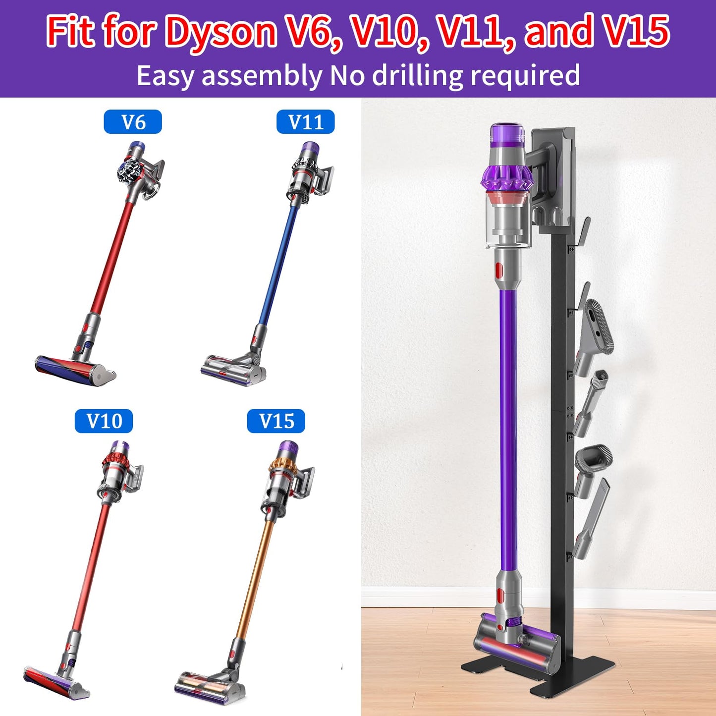 XIGOO Heavy-Duty Dyson Vacuum Stand for Gen5detect V15 V12 V11 V10 V8 V7 V6, Freestanding Vacuum Stand for Dyson Cordless Vacuum, Metal Docking Station with 6 Hooks, No-Drill Organizer, Black