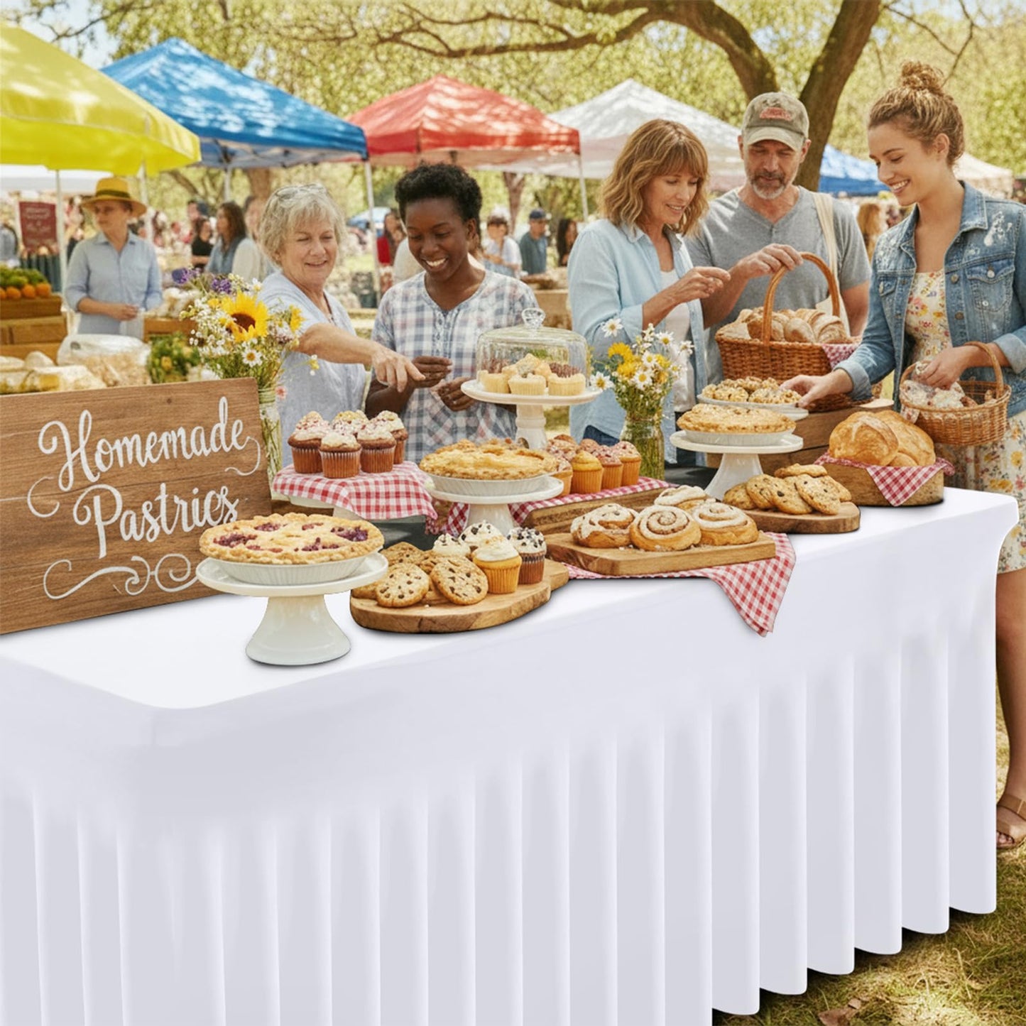 Moosfor Spandex Fitted 6FT Rectangle Tablecloth 2 Pack, Elastic Stretch Wrinkle Resistant Table Skirt, Washable Reusable Table Cover for Wedding, Banquet, Party, Events (White, 72Lx30Wx30H Inch)