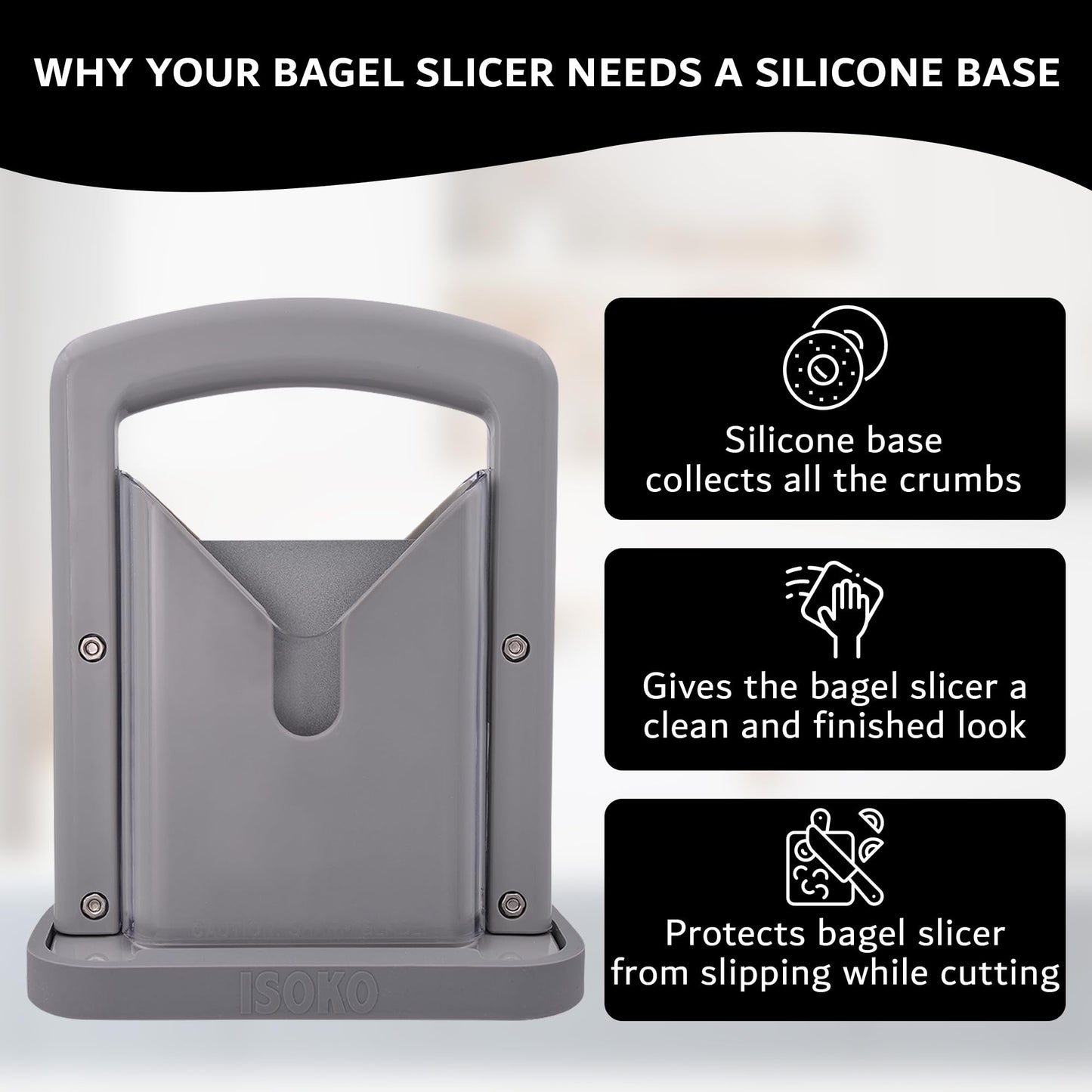 ISOKO Bagel Slicer - Premium Stainless Steel Bagel cutter, with Smooth Guillotine and Non-Slip Silicone Base for Perfect Slices Every Time for the better bagel experience. Gray