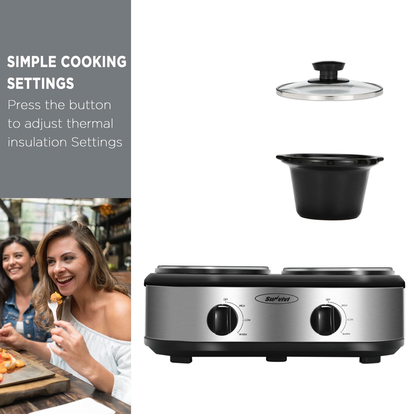 Sunvivi Dual Slow Cooker, Buffet Server and Food Warmer, Small Mini Pot with 3 Adjustable Temp & 2 Visible Glass Lids, for Parties, Holidays and Entertaining, Stainless Steel, 2 * 1.25 Quarts