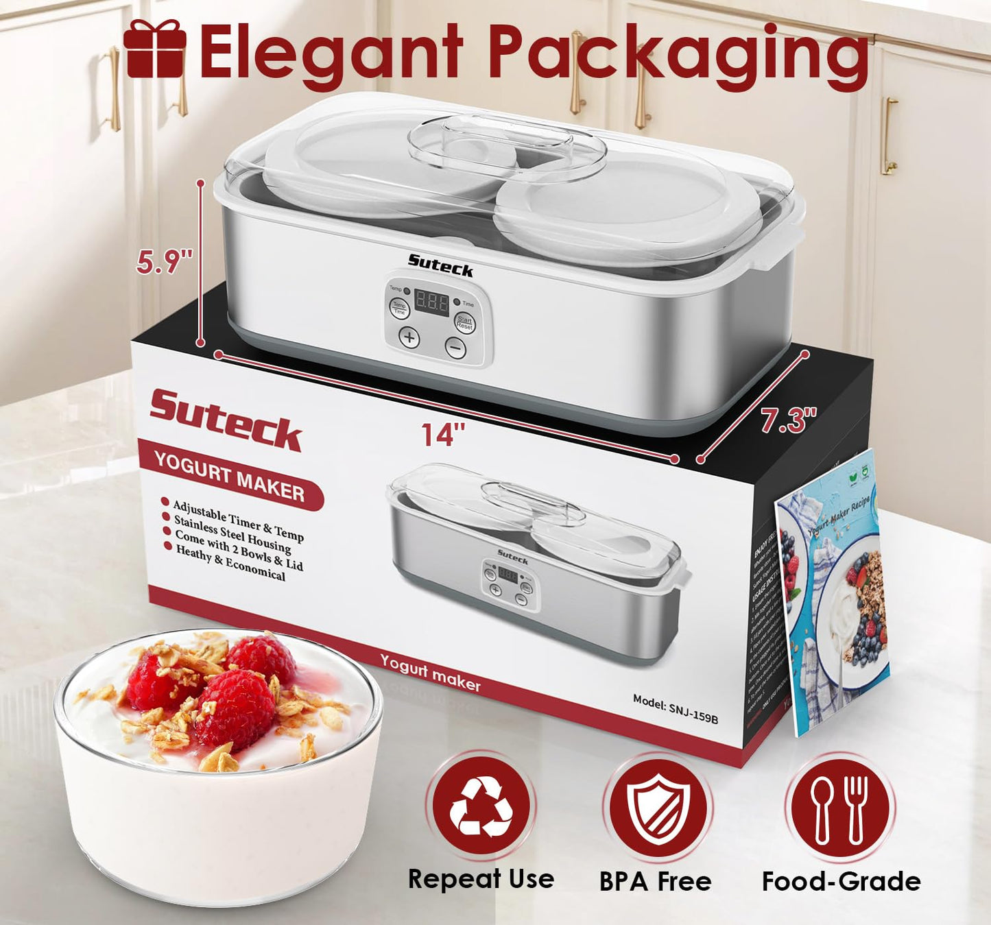 Suteck Yogurt Maker with Glass Jar- Stainless Steel Yogurt Machine with Adjustable Time & Temp Control, Homemade Greek, Probiotic Yogurt, BPA-Free 2 Yogurt Bowls (2 Quart)