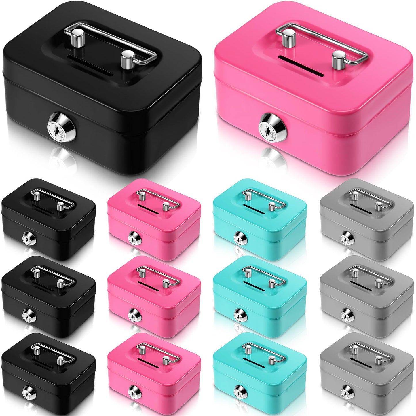 Tandefio 12 Pcs Small Money Cash Box with Lock and Slot Metal Box for Cash Steel Organizer Piggy Bank Metal Coin Bank for Adults, 4.5 x 3.3 x 2 Inch, Without Money Tray (Black,Green,Gray,Pink)