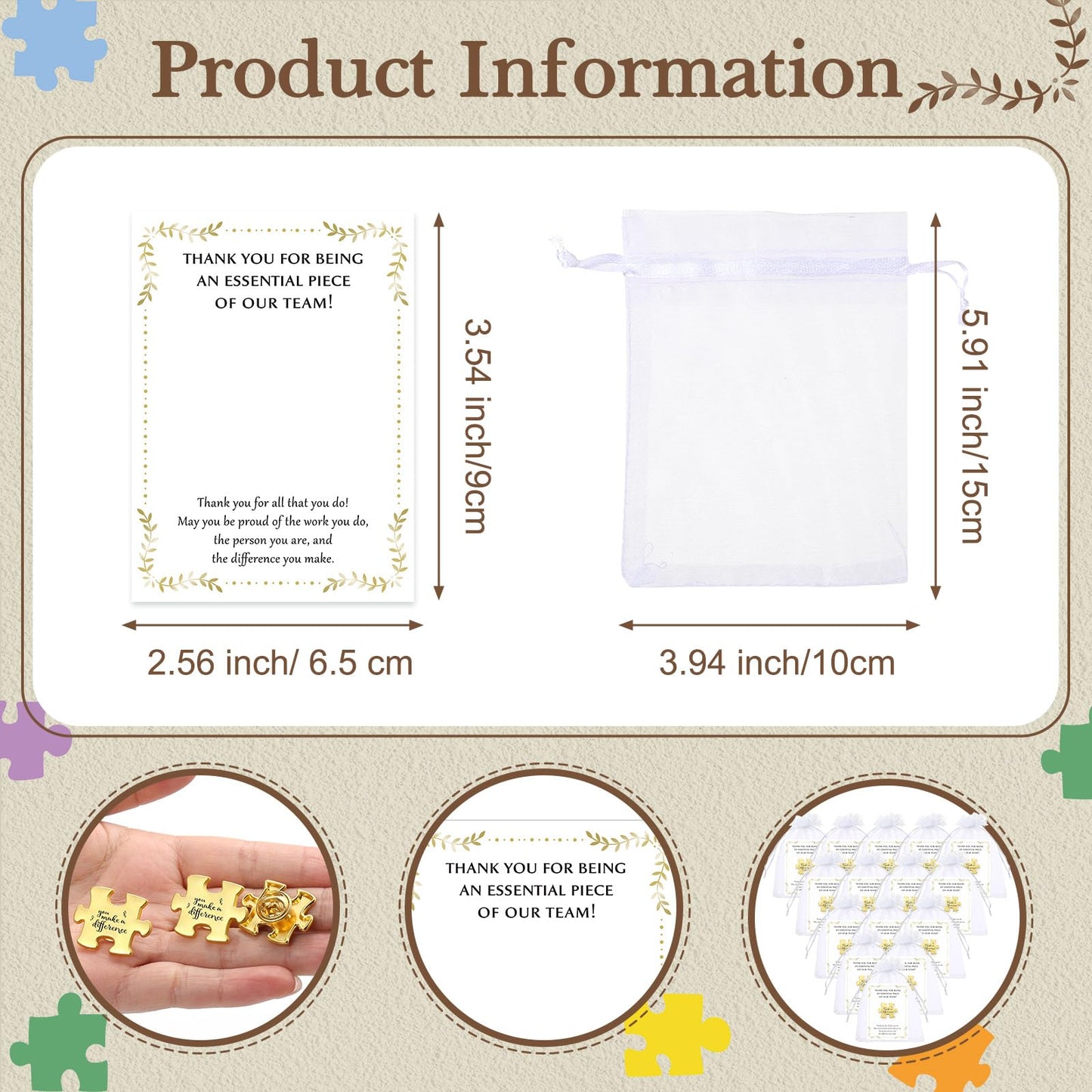 Solsew 100 Sets Employee Appreciation Gifts Bulk Puzzle Piece Lapel Pin Thank You Card and Organza Bag Building Recognition Soccer Baseball Team Gift for Employee Office Staff Coworker (Difference)