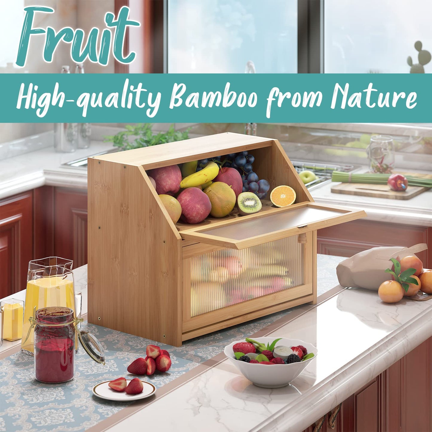 Vriccc Bread Box for Kitchen Counter, Large Bamboo Wood Double Layer Bread Box, Wooden Bread Storage Capacity
