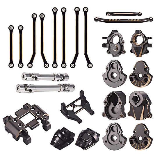 1/18 RC Redcat Ascent-18 Brass Upgrade Kit –Brass Skid Plate, Steering Knuckle, Outer Portal Housing, Diff Cover, Servo Mount, Brass Chassis Links, Steering Link, and Stainless Steel Drive Shafts