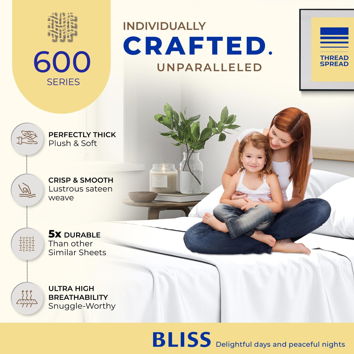 THREAD SPREAD 100% Egyptian Cotton Sheets Full Size - 600 Series Bliss Collection Sheet, 4 PC 16" Deep Pocket Full Size Sheets Sets (White), Soft Cooling Sateen Weave Cotton Hotel Luxury Sheet