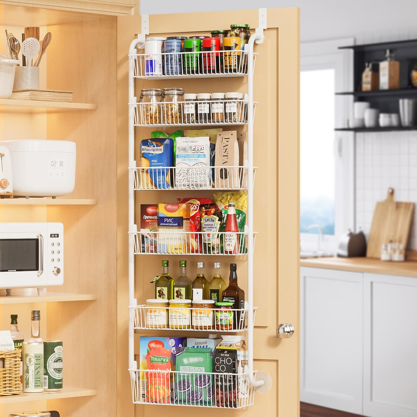 Delamu Large Over the Door Pantry Organizer, 6-Tier Metal Pantry Door Organization and Storage for Easy Install, Hanging Spice Rack Seasoning Shelves for Cabinet & Kitchen, D6.7xW17.5xH53.7 in, White