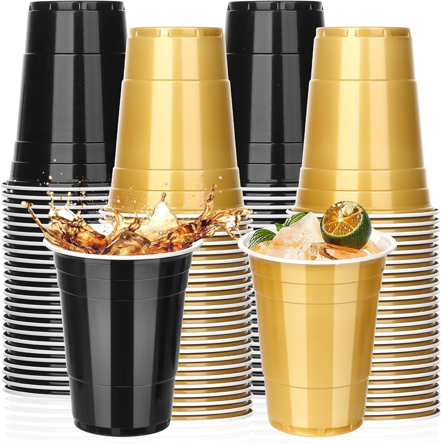 KesaPlan 100PCS 16 oz Plastic Cups Graduation Cups Black and Gold Cup Disposable Party Cups Bulk for Party Graduation Wedding Birthday Halloween Family Gatherings and Festive Celebrations