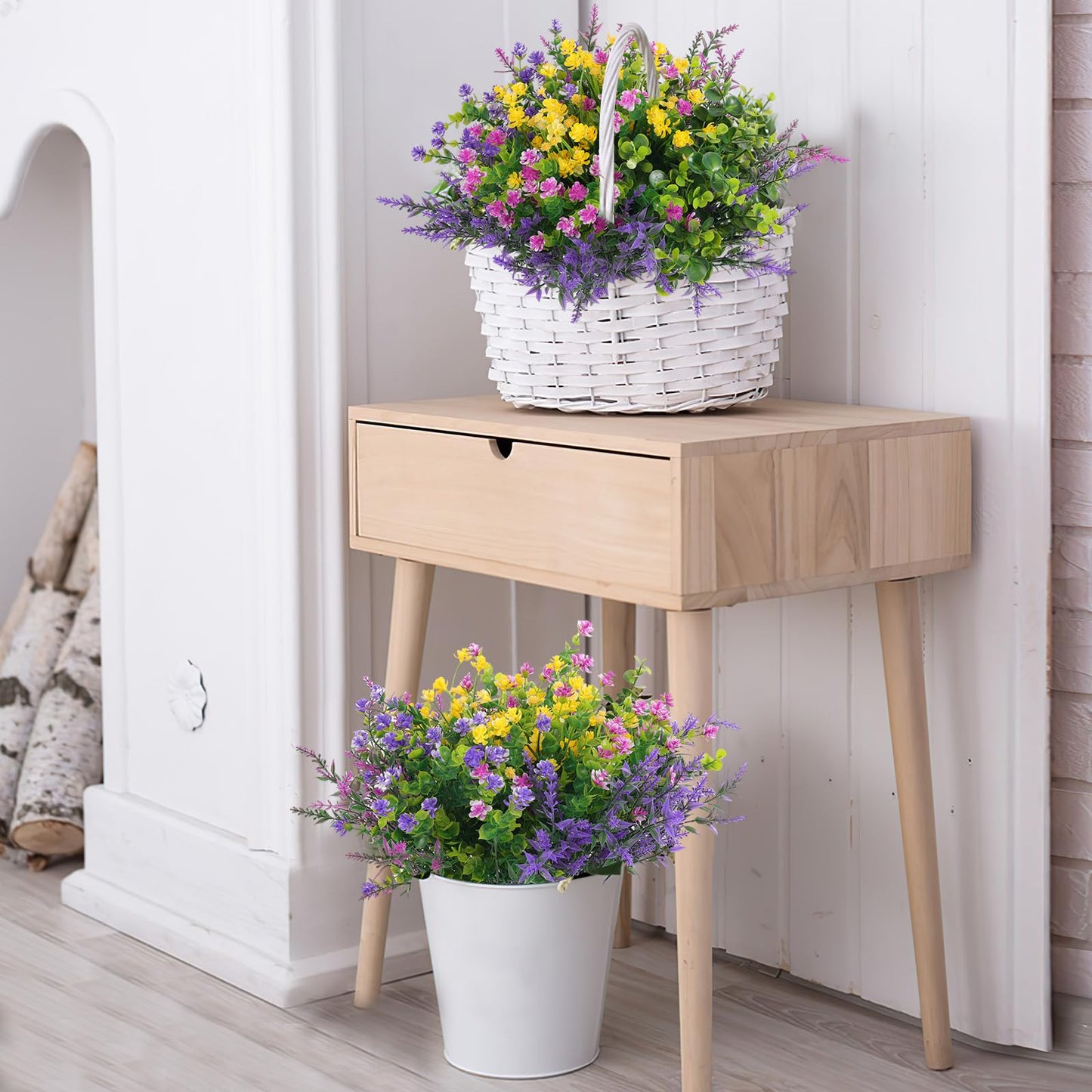 Hananona 48 Pcs Artificial Flowers Outdoor, Faux Artificial Plants UV Resistant Plastic Flower Bulk for Hanging Planter Porch Window Home Spring Summer Decor (48, Fuchsia, Purple, Yellow, Green)