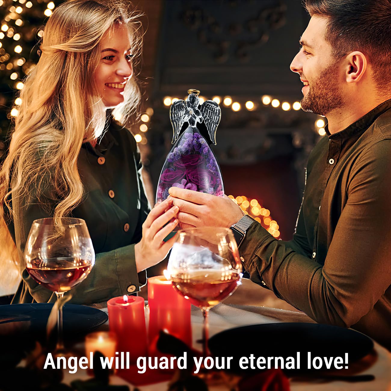 Emibele Mother's Day Angel Rose Gifts for Mom Grandma, Preserved Real Rose in Glass Angel Figurines, Eternal Flower Rose Gifts for Women on Birthday Valentines Anniversary Thanksgiving, Purple